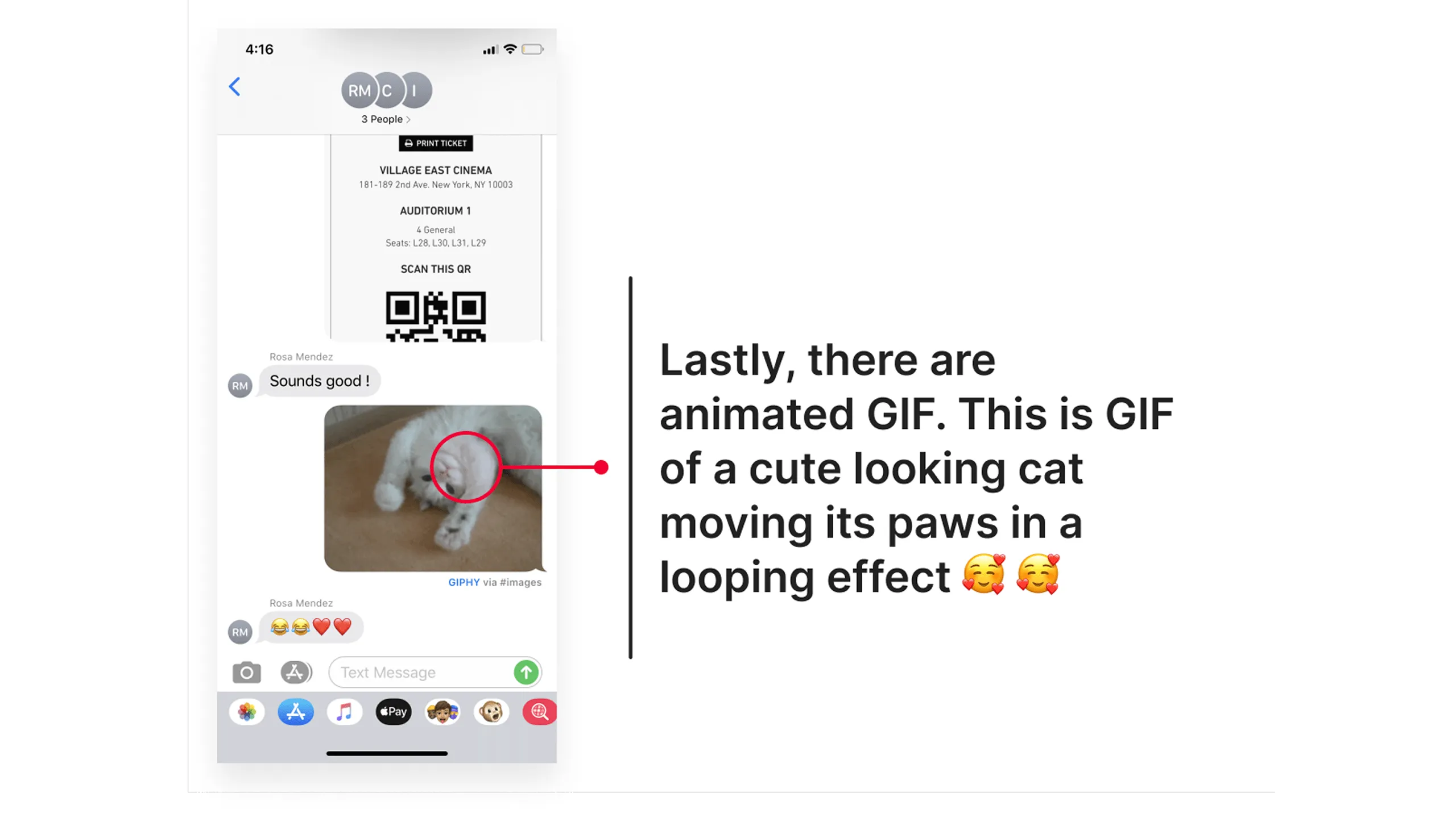Screenshot of an iMessage conversation screen with a GIF being shared, annotated to highlight its expressive impact.