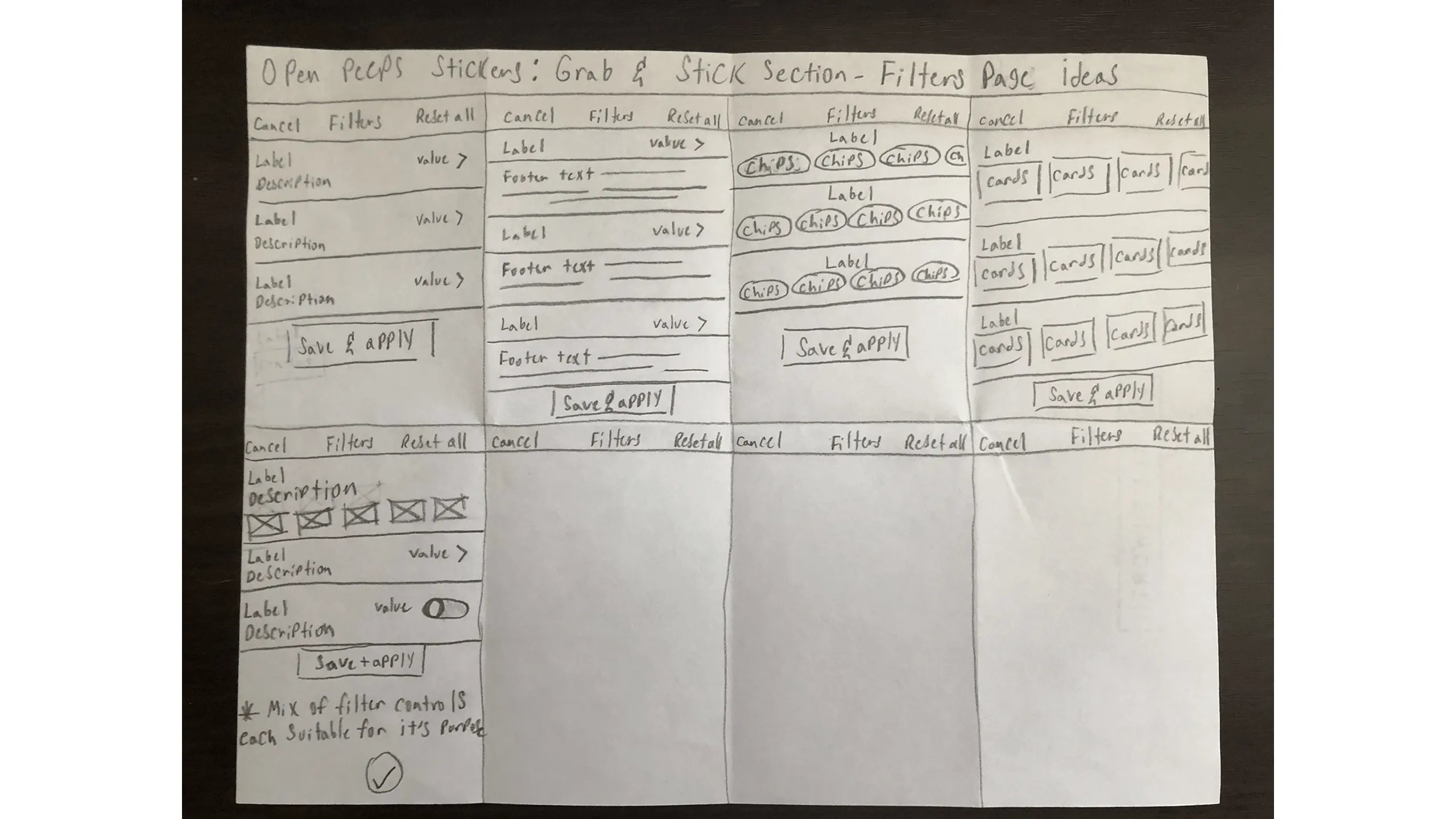 Sketch showing user tapping the main filter chip to reveal detailed options for character part selection.