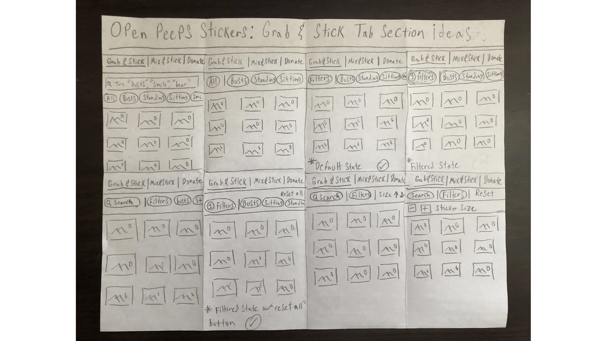 Sketch showing taskflow and UI explorations for the Grab & Stick tab view, where users add premade stickers to iMessage, with various UI elements and states.