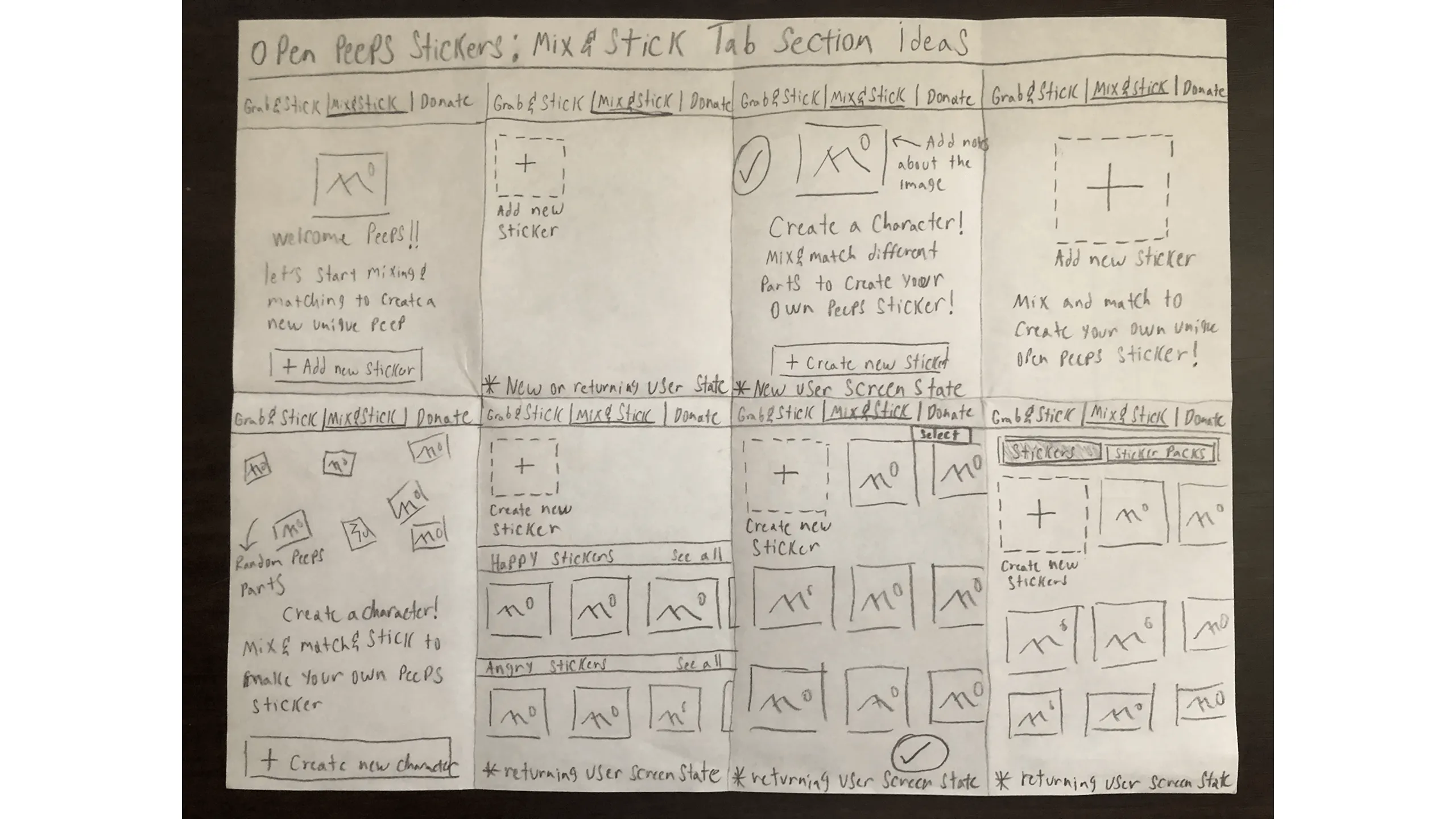 Sketch showing taskflow and UI explorations for the Mix & Stick tab view, enabling users to create custom stickers in iMessage, with all relevant UI controls.