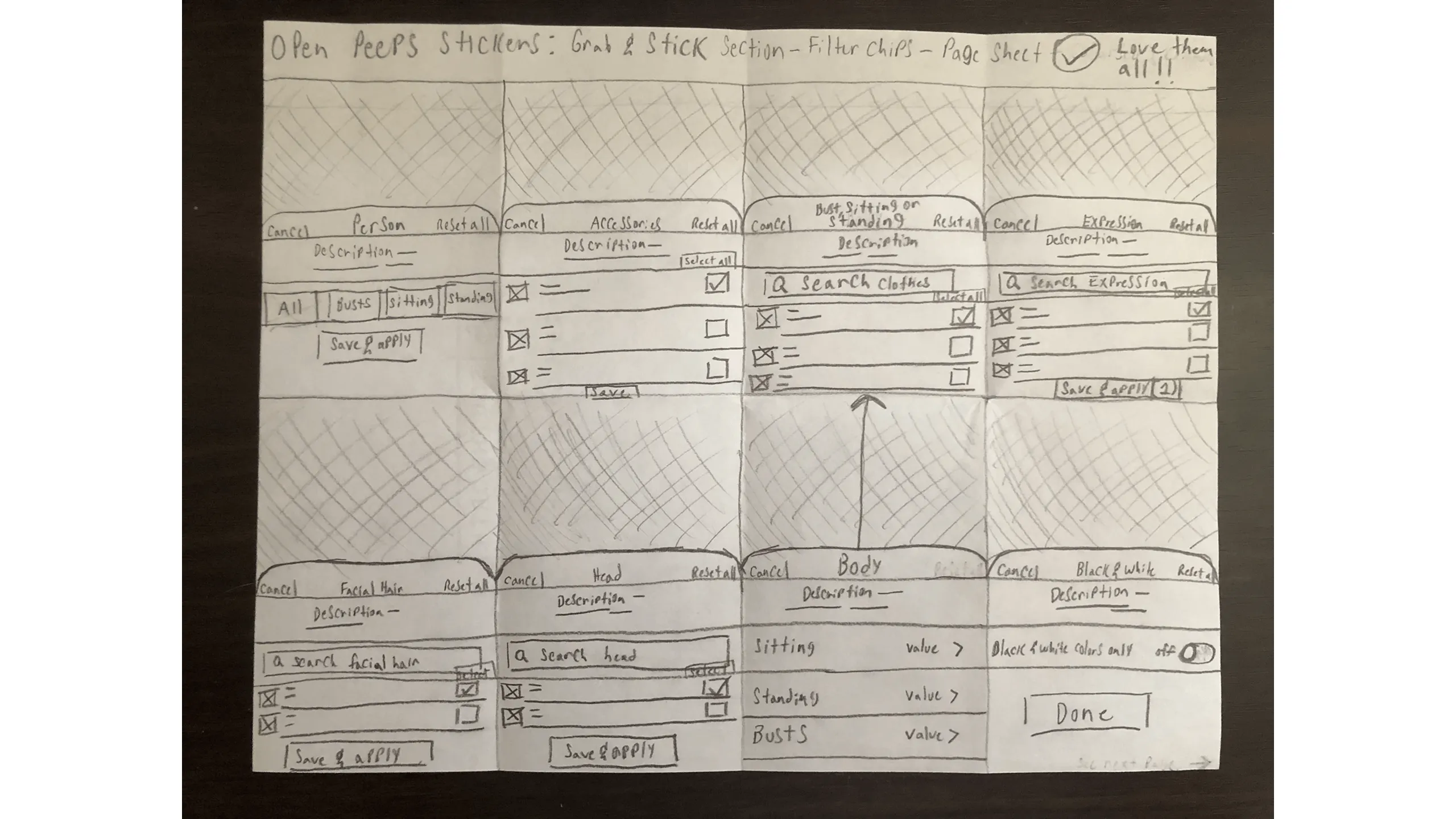 Sketch showing chip component filters in the Grab & Stick tab for browsing specific Open Peeps character parts.