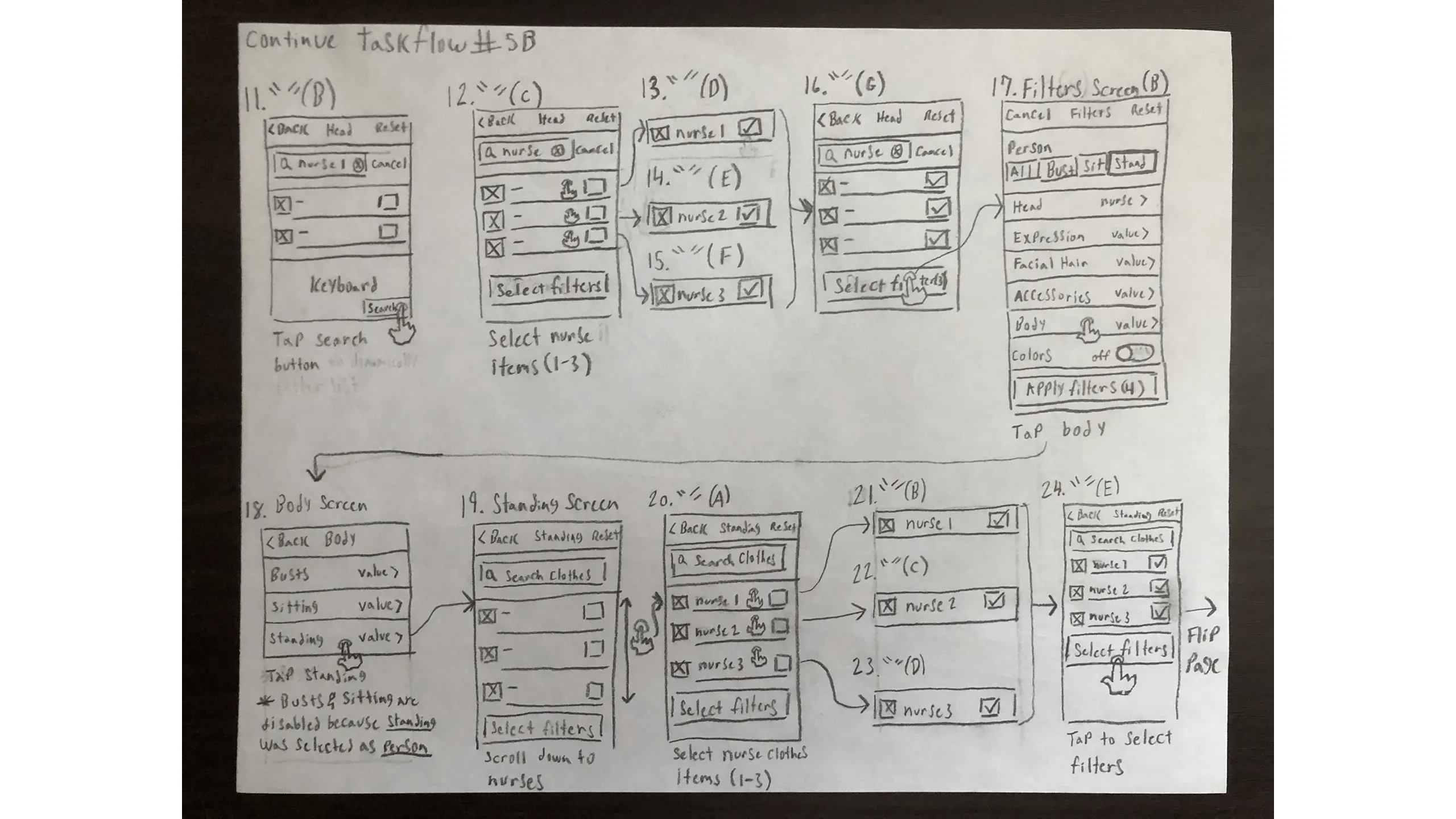 Sketch showing users filtering character parts using a search input field on the main filter screen, with tap interactions and UI states.