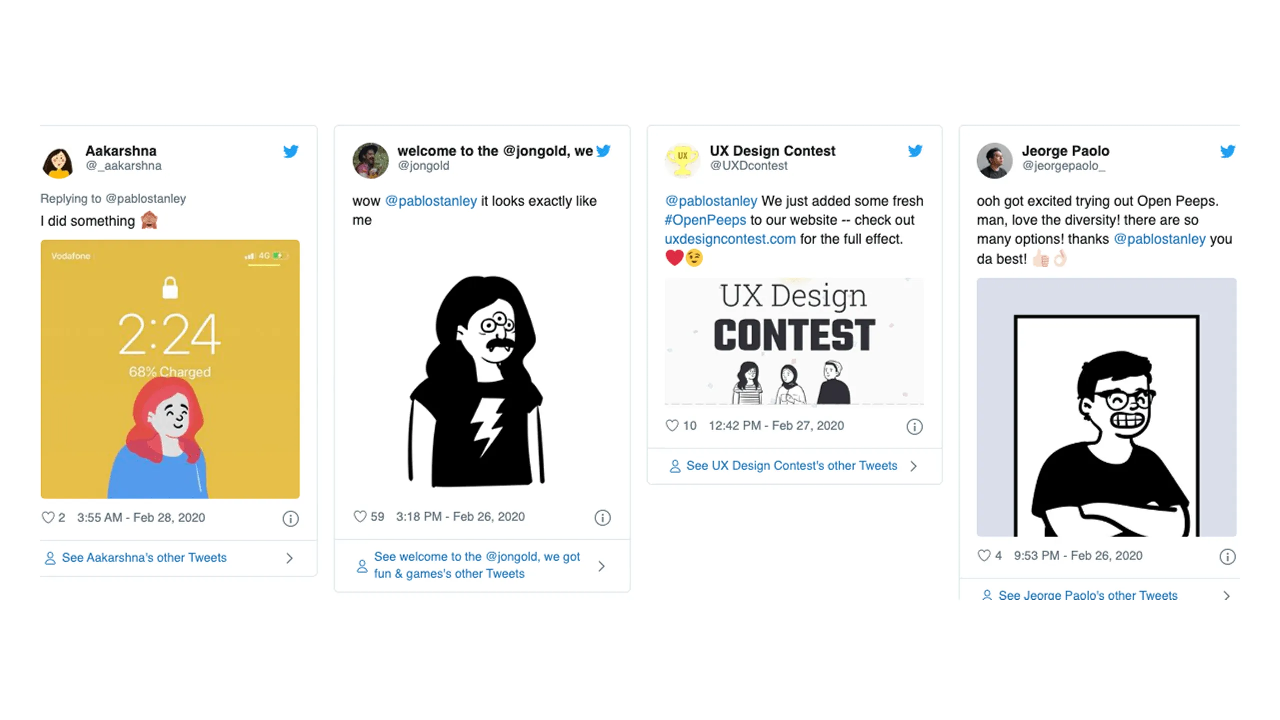 Screenshot of various Open Peeps illustration characters being used in different creative design examples shared by designers on Twitter.