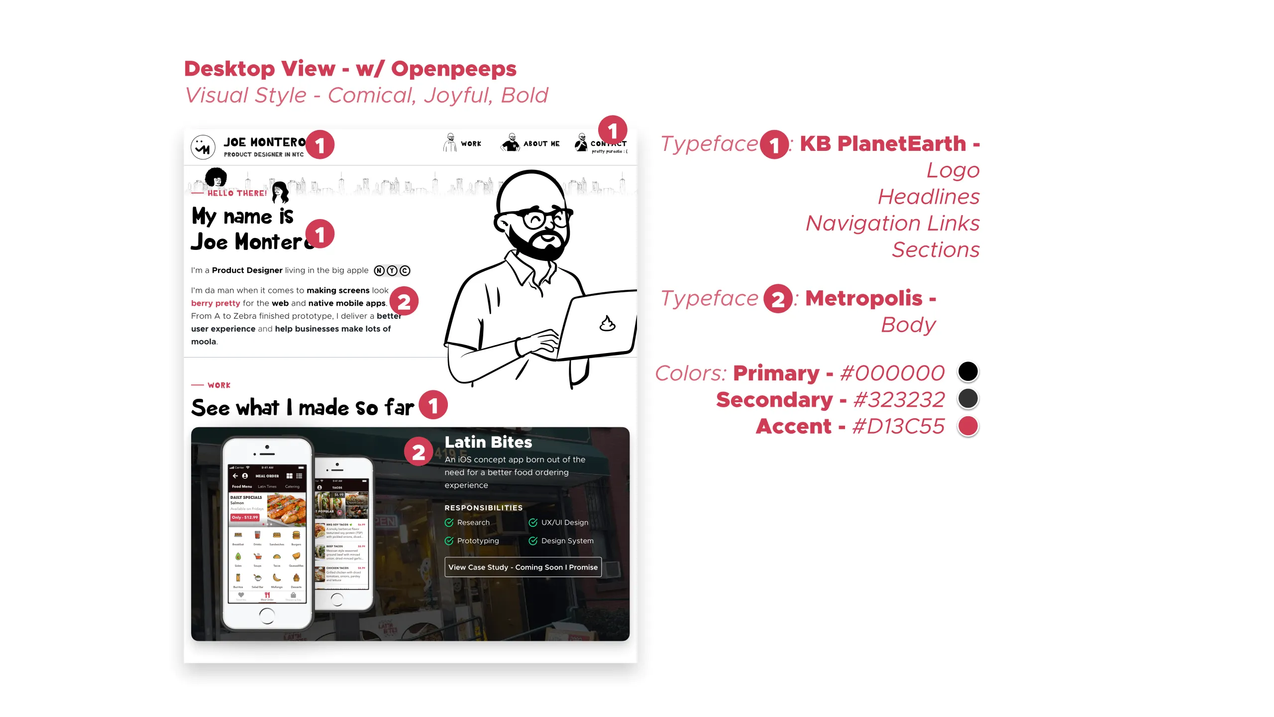 Screenshot of my desktop portfolio homepage design using a cartoon style, Open Peeps avatar, annotated with typography and color rationale.