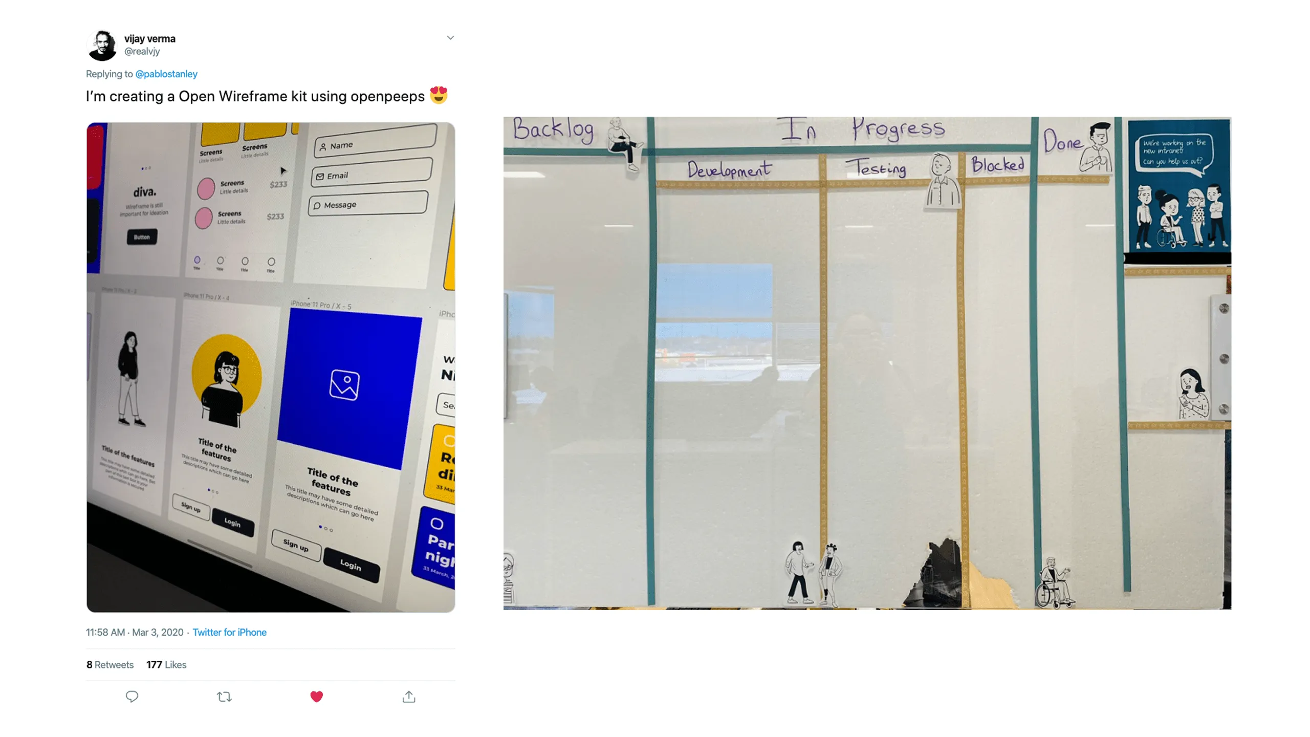 Screenshot of Open Peeps illustrations being used by a product designer in a UI screen with different UI states, and in a Kanban task board.