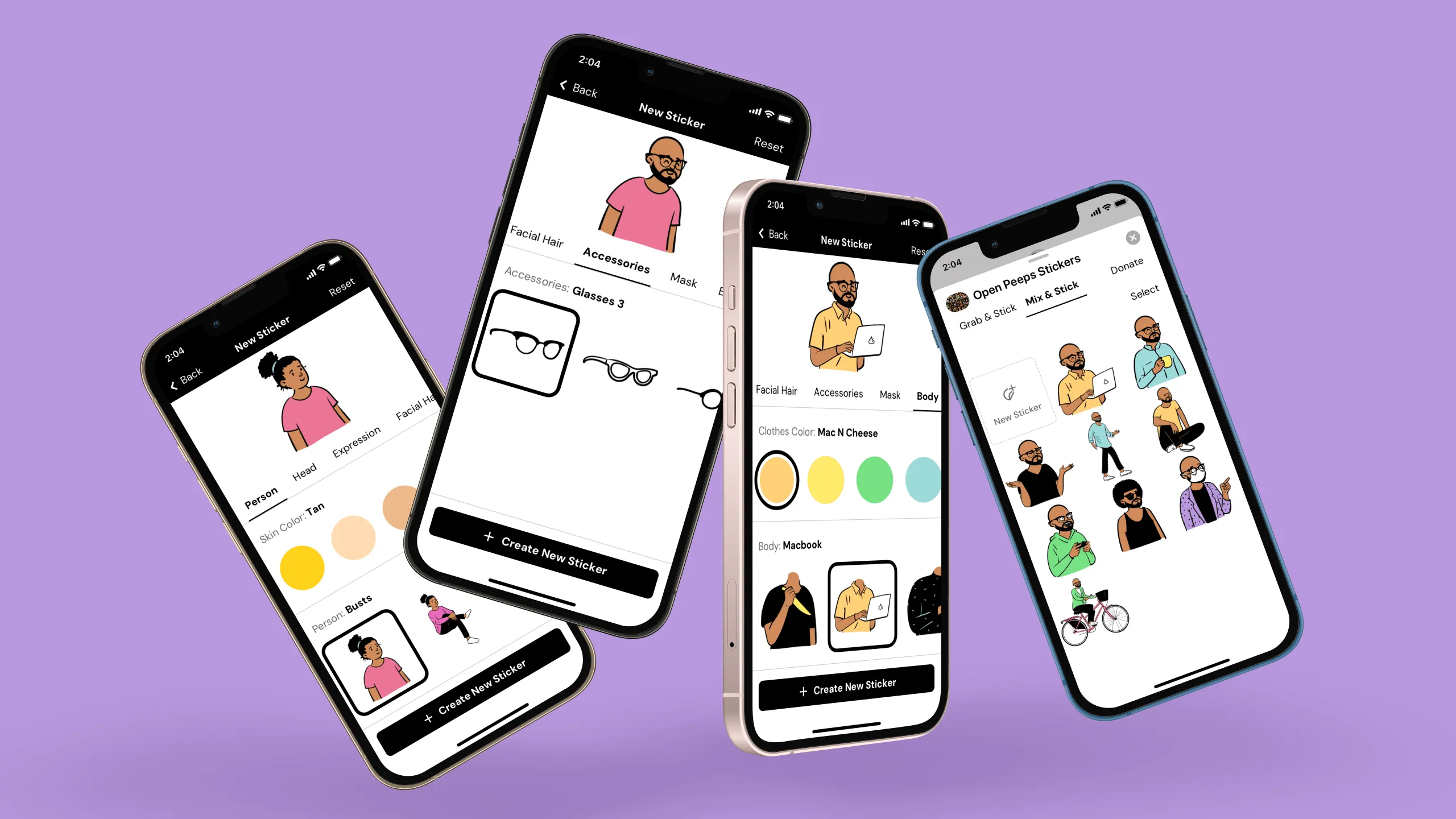Screenshot of four mobile mockups showing the taskflow for creating a custom Open Peeps Sticker, including selecting character parts and viewing the final sticker list.