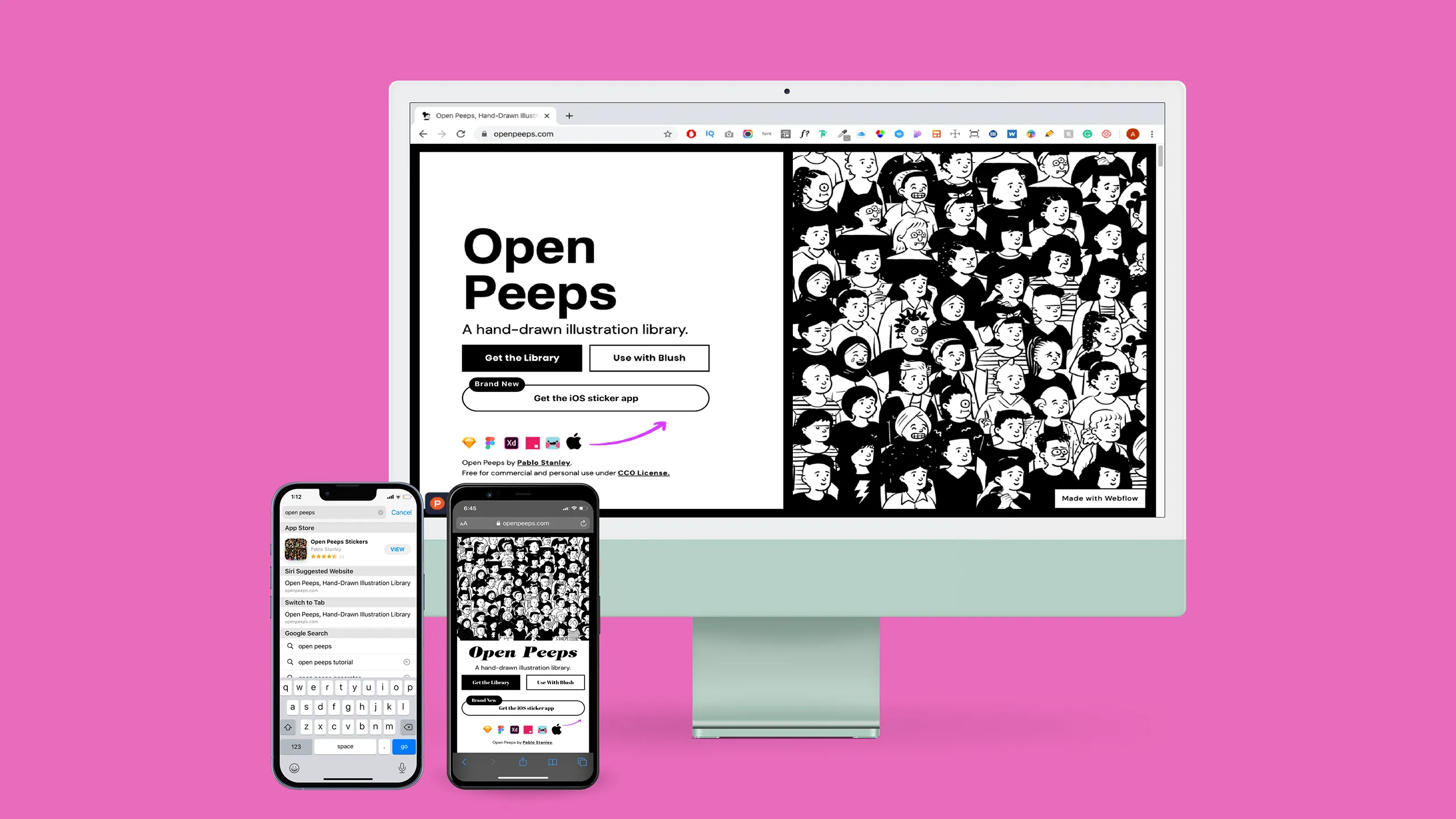 Screenshot of desktop and two mobile mockups of the Open Peeps Illustration website, modified to include a prominent CTA to download Open Peeps Stickers.