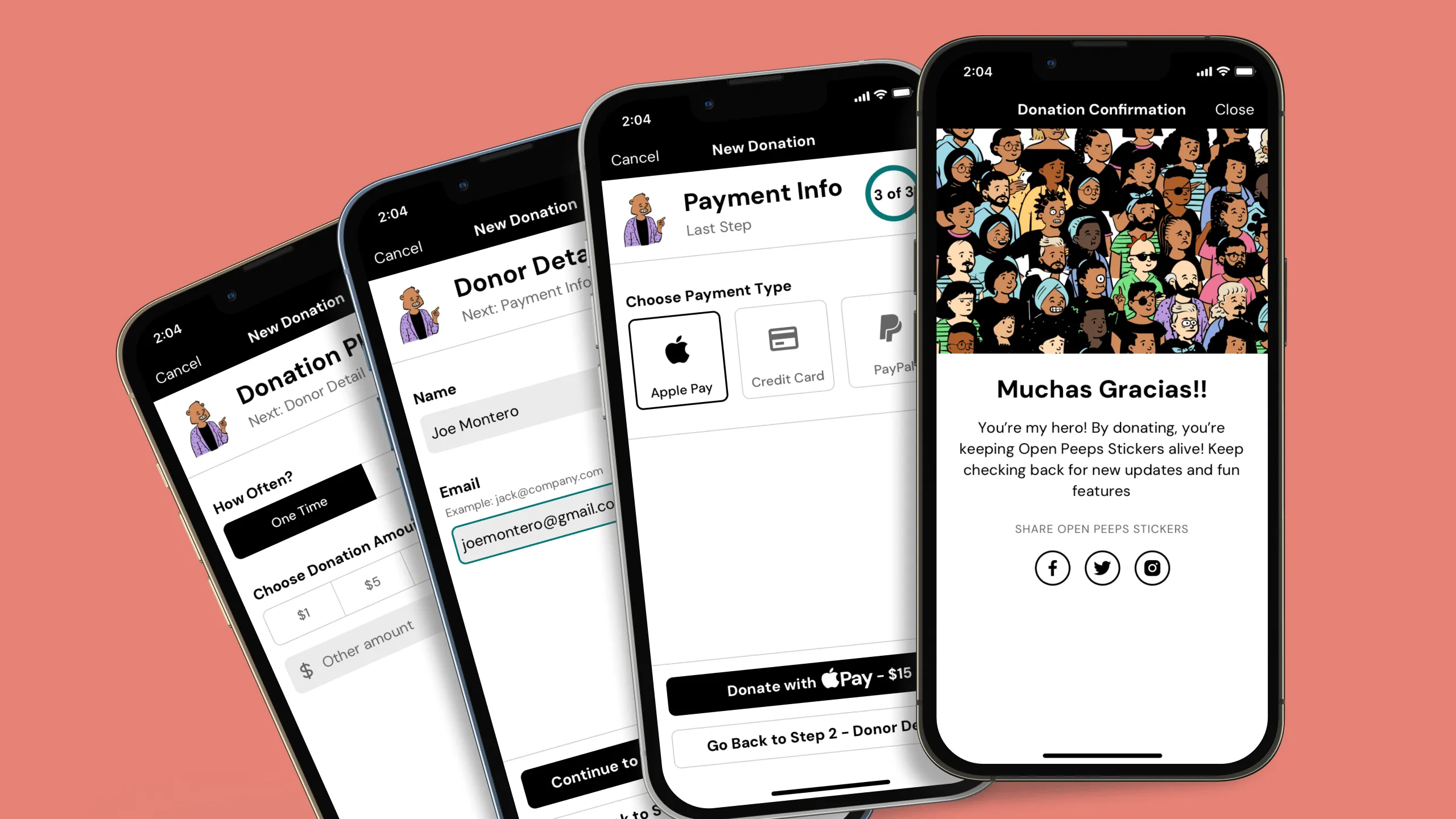 Screenshot of four mobile design mockups for the Open Peeps Stickers app showing the user flow for completing a one-time donation payment.
