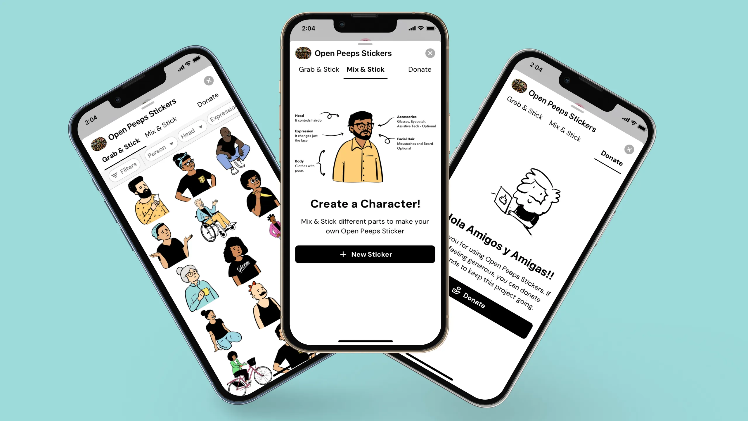 Screenshot of three mobile mockups showing Open Peeps Stickers app’s tab views: Grab & Stick (premade stickers), Mix & Stick (custom sticker creation), and Donate.