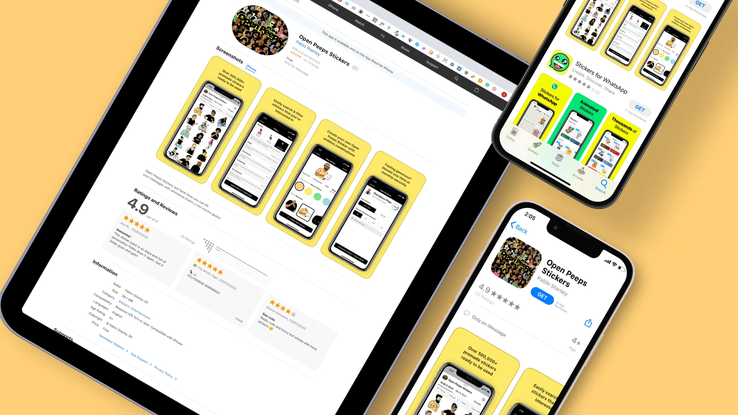 Screenshot of tablet and two mobile design mockups advertising Open Peeps Stickers on the Apple App Store product page.