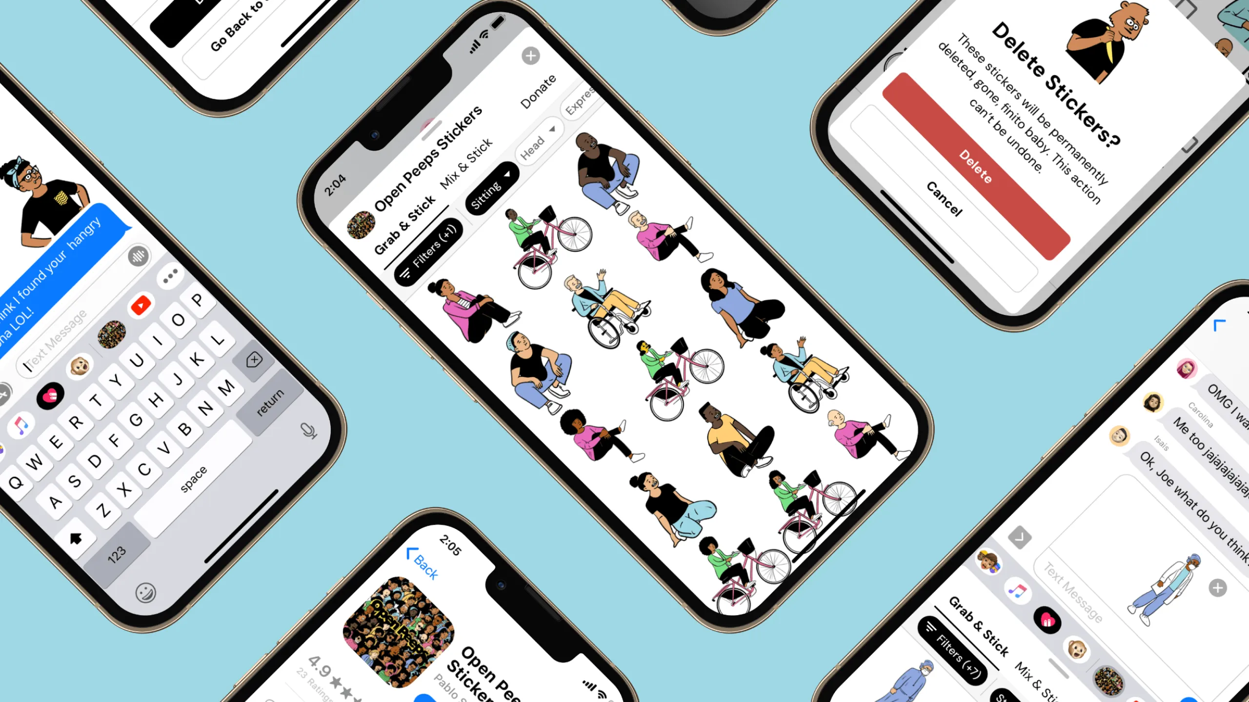 Screenshot of a visually striking collage of Open Peeps Stickers app design mockups shown in an angled layout, arranged in a hero-style presentation.