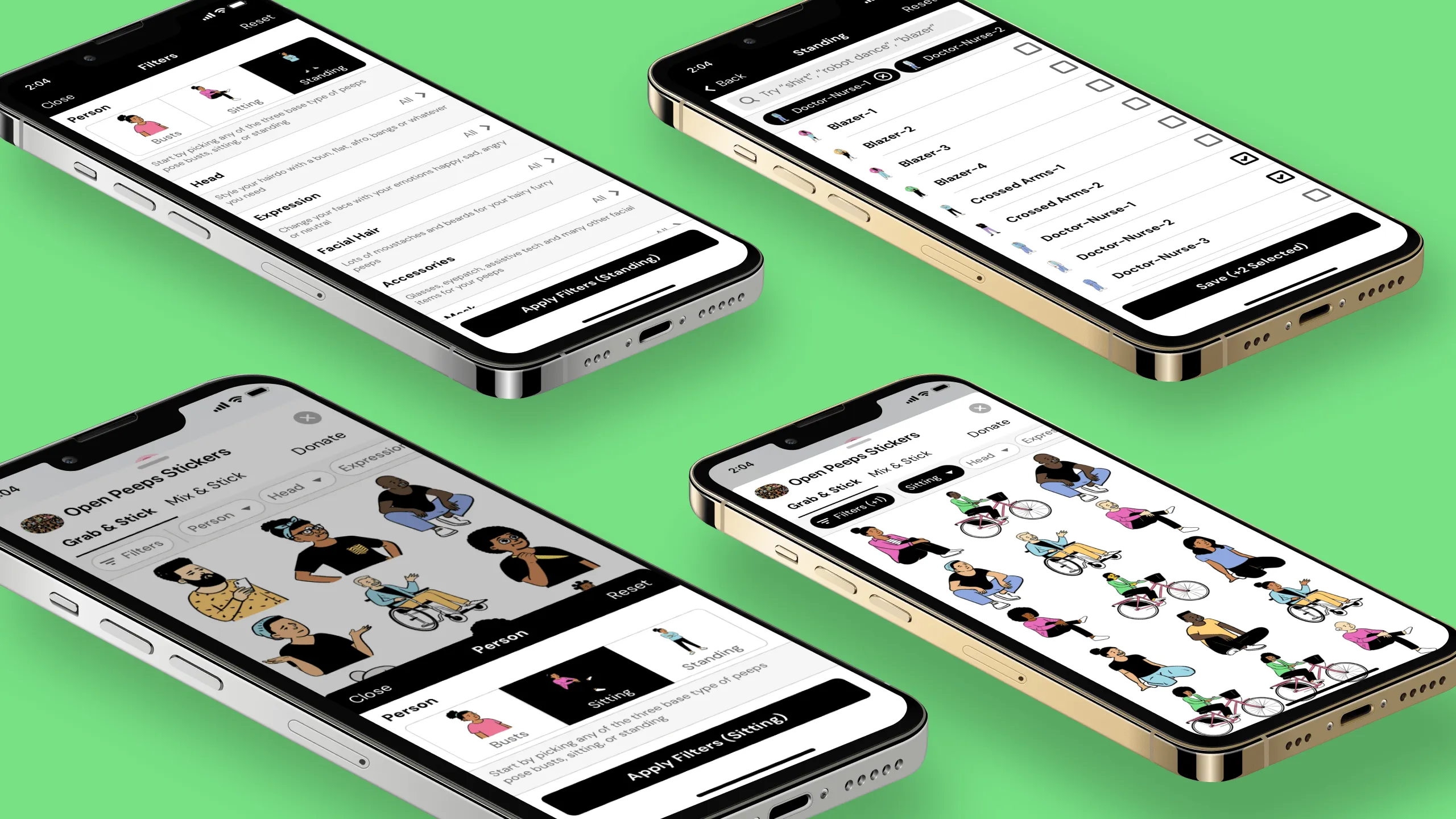 Screenshot of four mobile design mockups from Open Peeps Stickers app, showcasing different screens and controls for filtering character parts.
