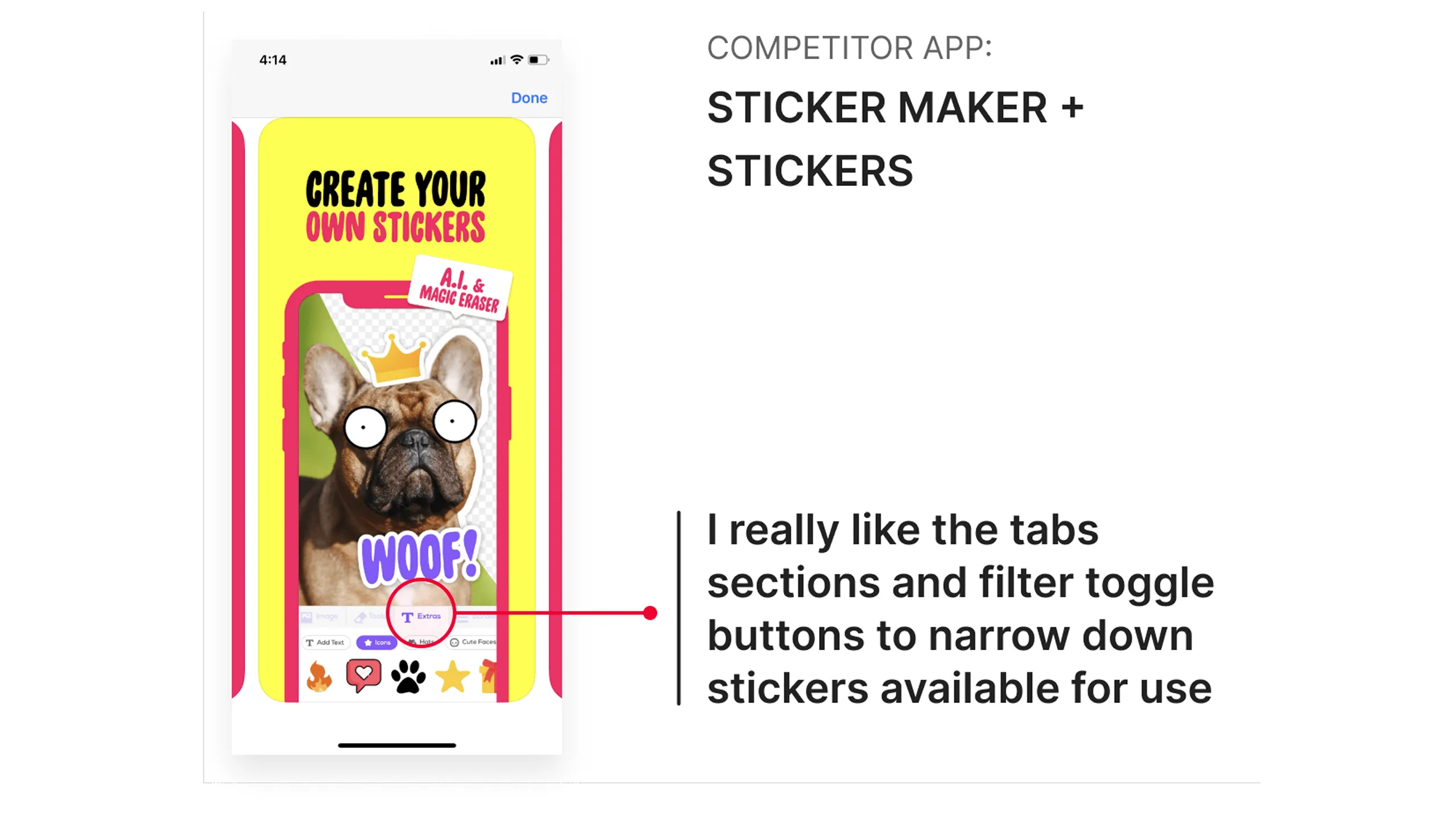 Screenshot of the Sticker Maker + Stickers app with annotations highlighting tabs and filter toggle buttons.