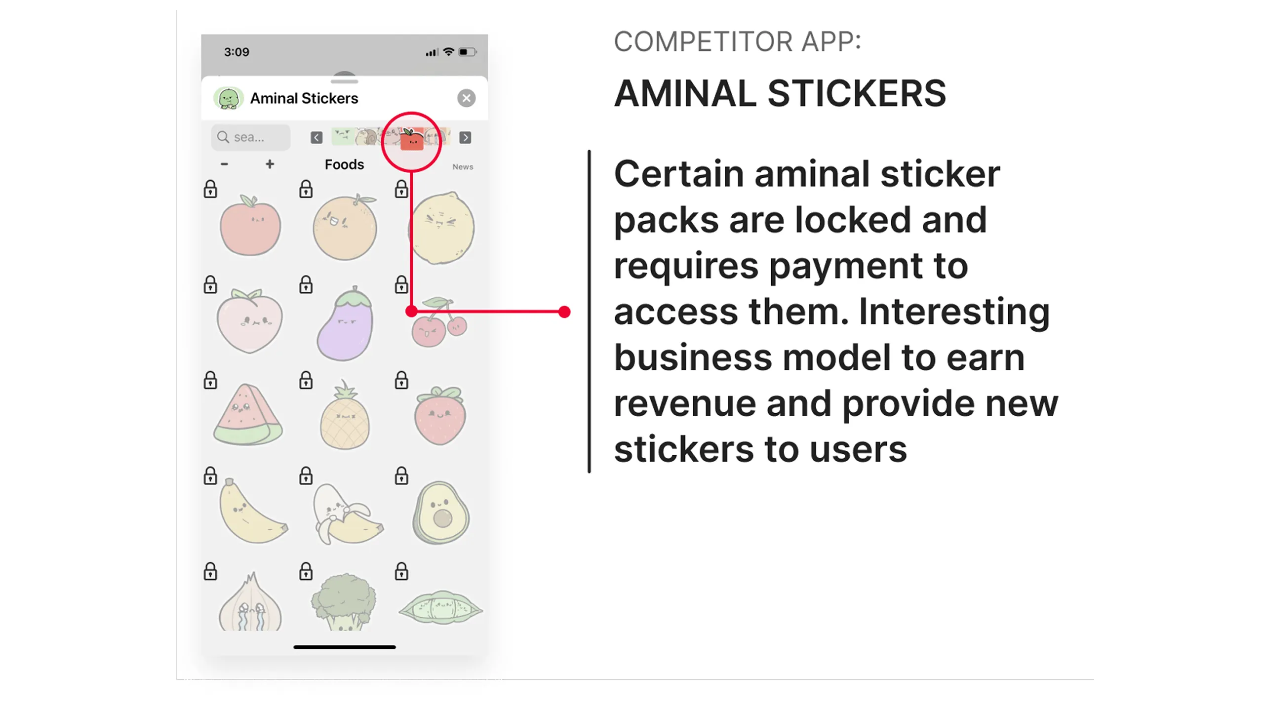 Screenshot of Aminal Stickers app showing locked sticker packs with pay-to-unlock feature.