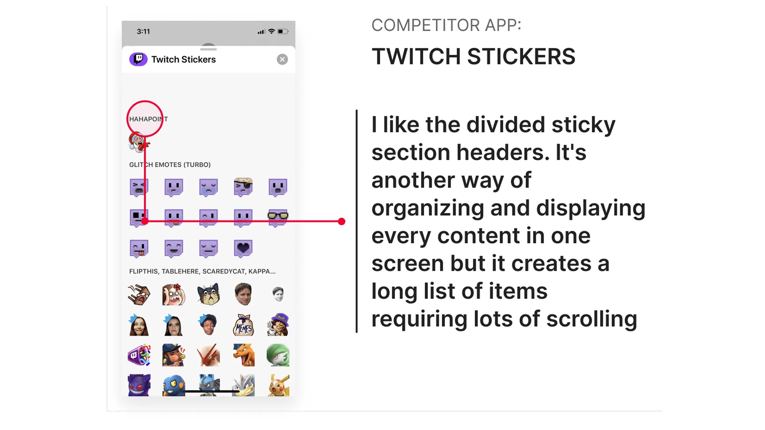 Screenshot of Twitch Stickers app showing sticky section headers dividing sticker categories.