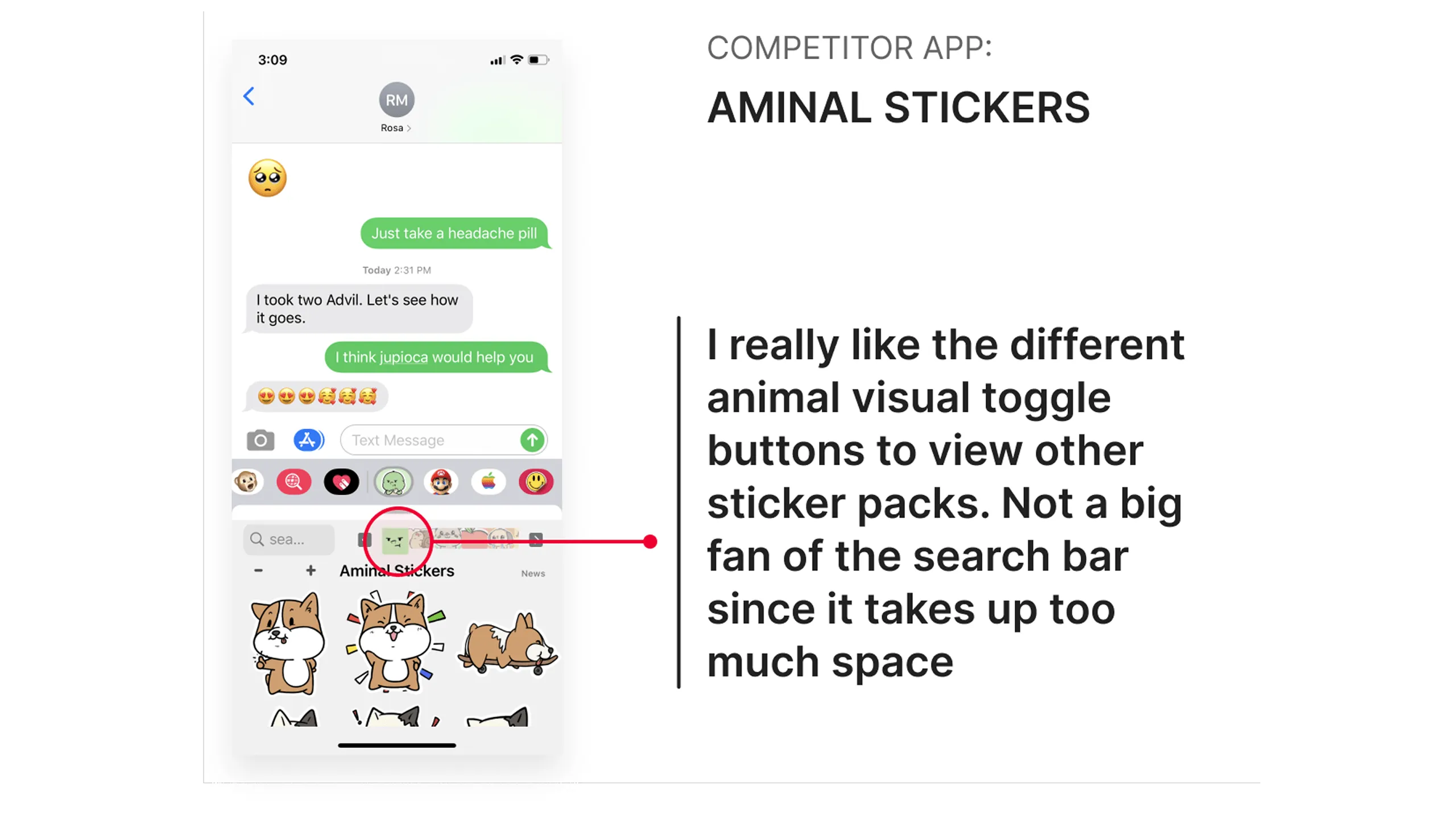 Screenshot of Aminal Stickers app showing different animal visual toggle buttons and a large search bar.