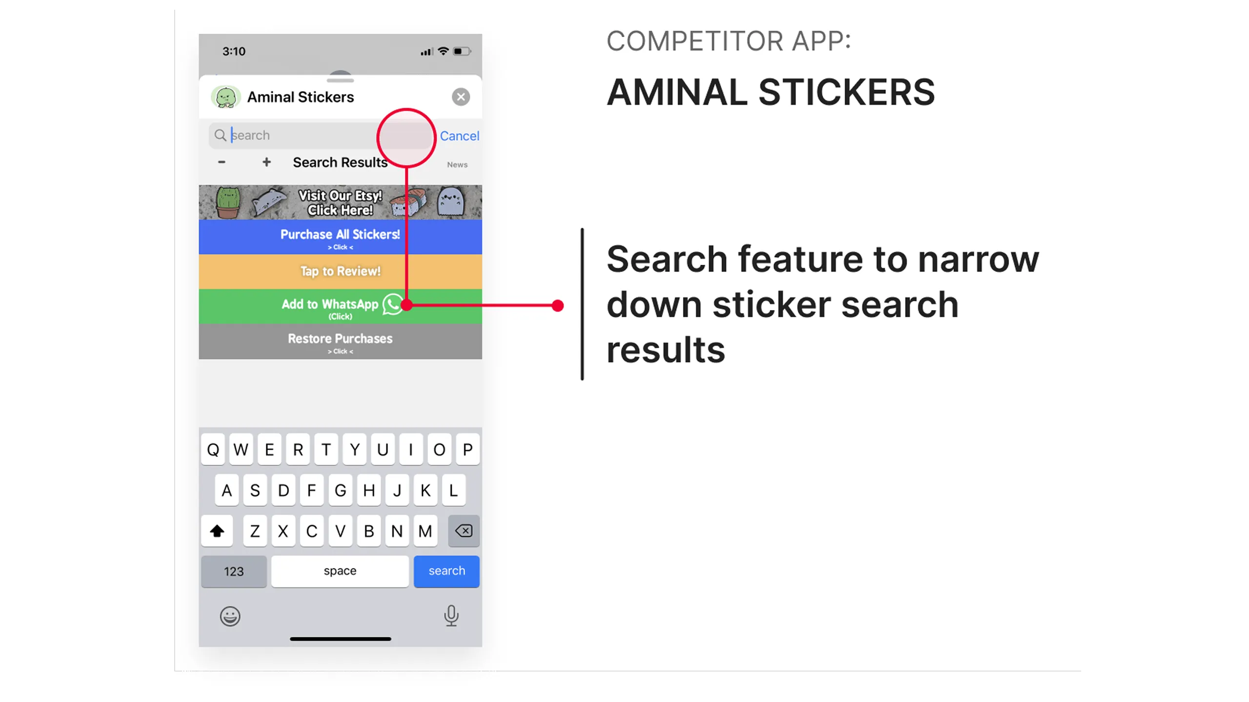 Screenshot of Aminal Stickers app with a visible search bar and simple UI.
