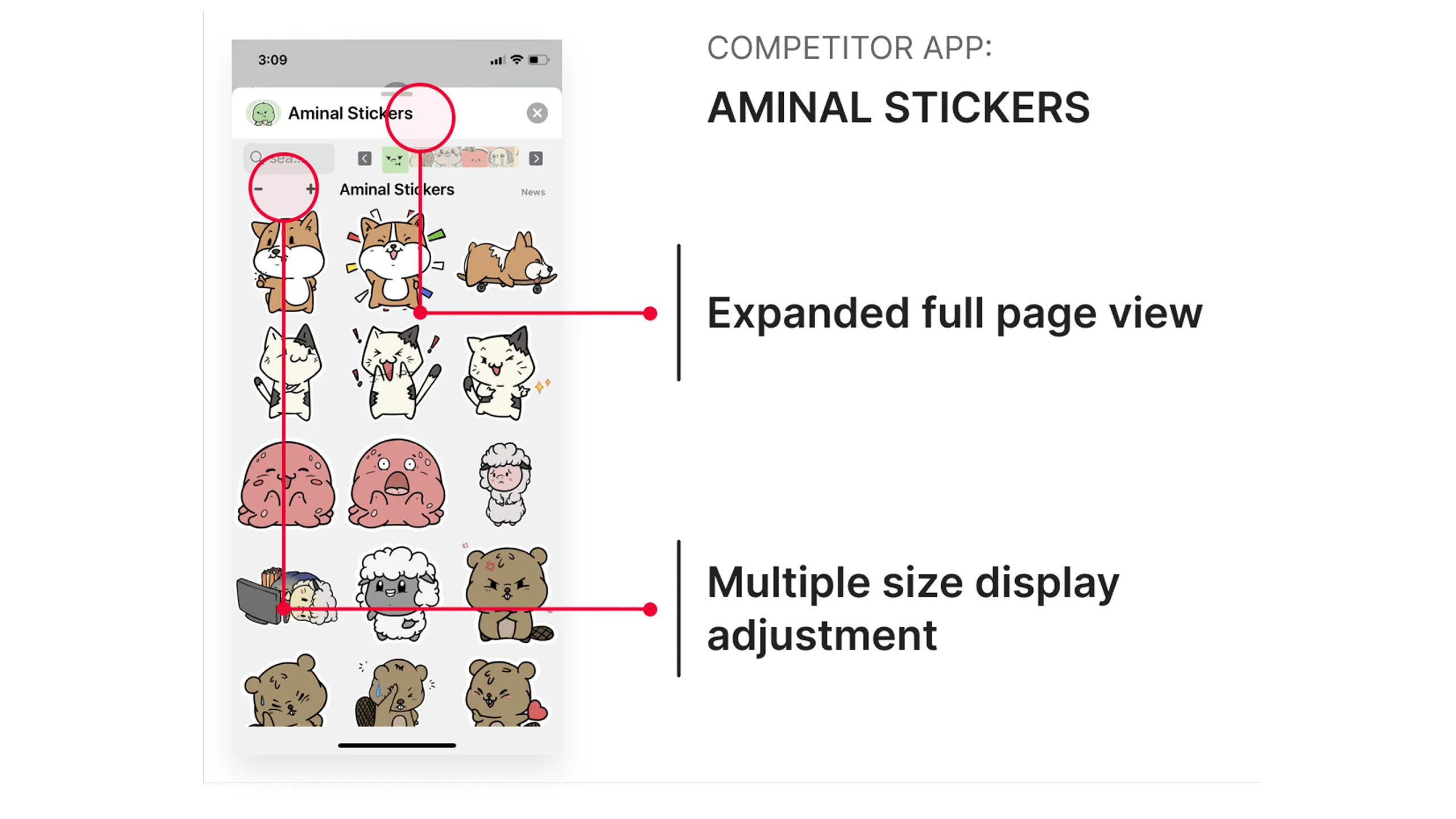 Screenshot of Aminal Stickers app showing a full-page sticker display and multiple size options.