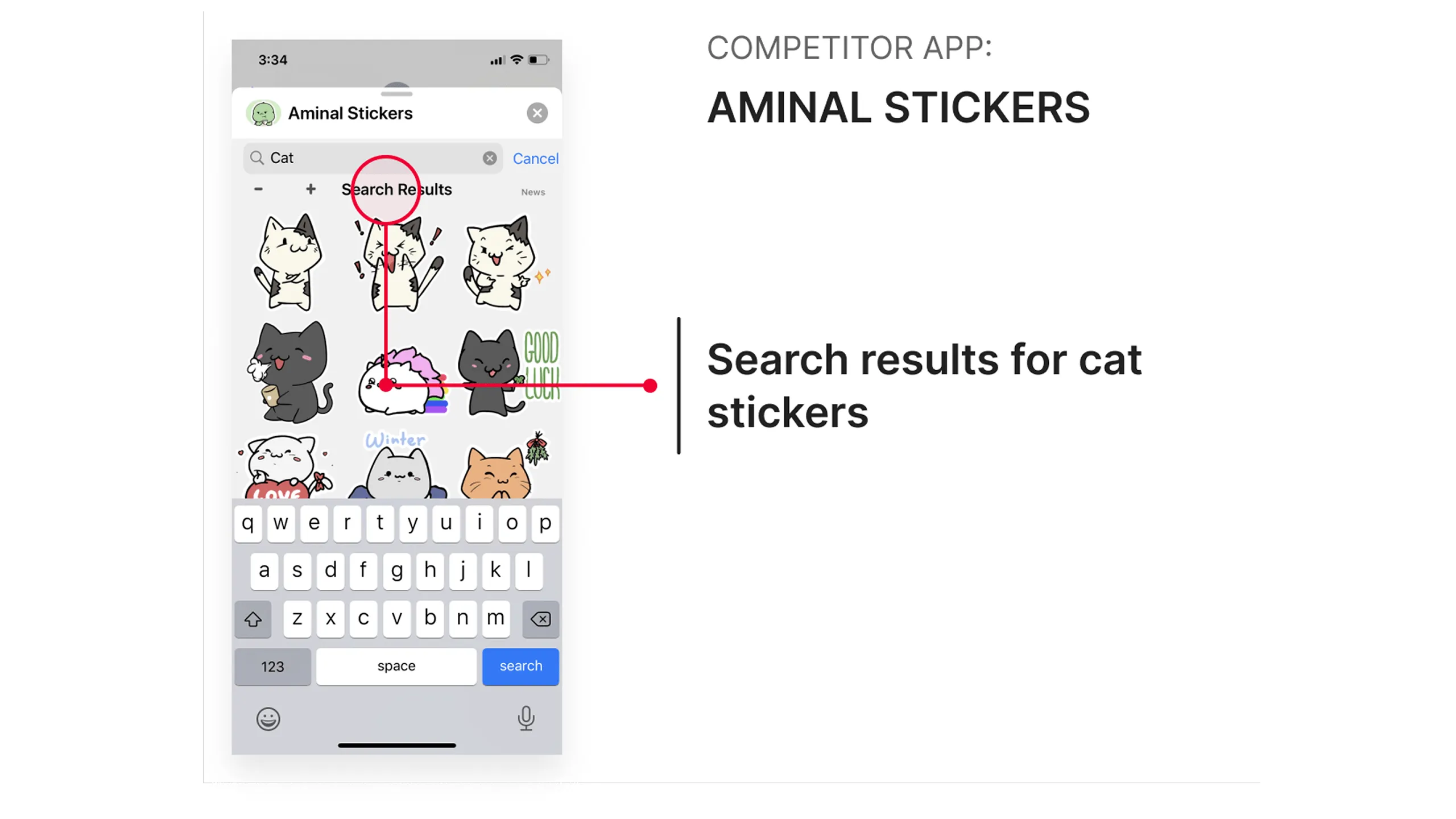 Screenshot of search results for “cats” in the Aminal Stickers app with a simple grid layout.
