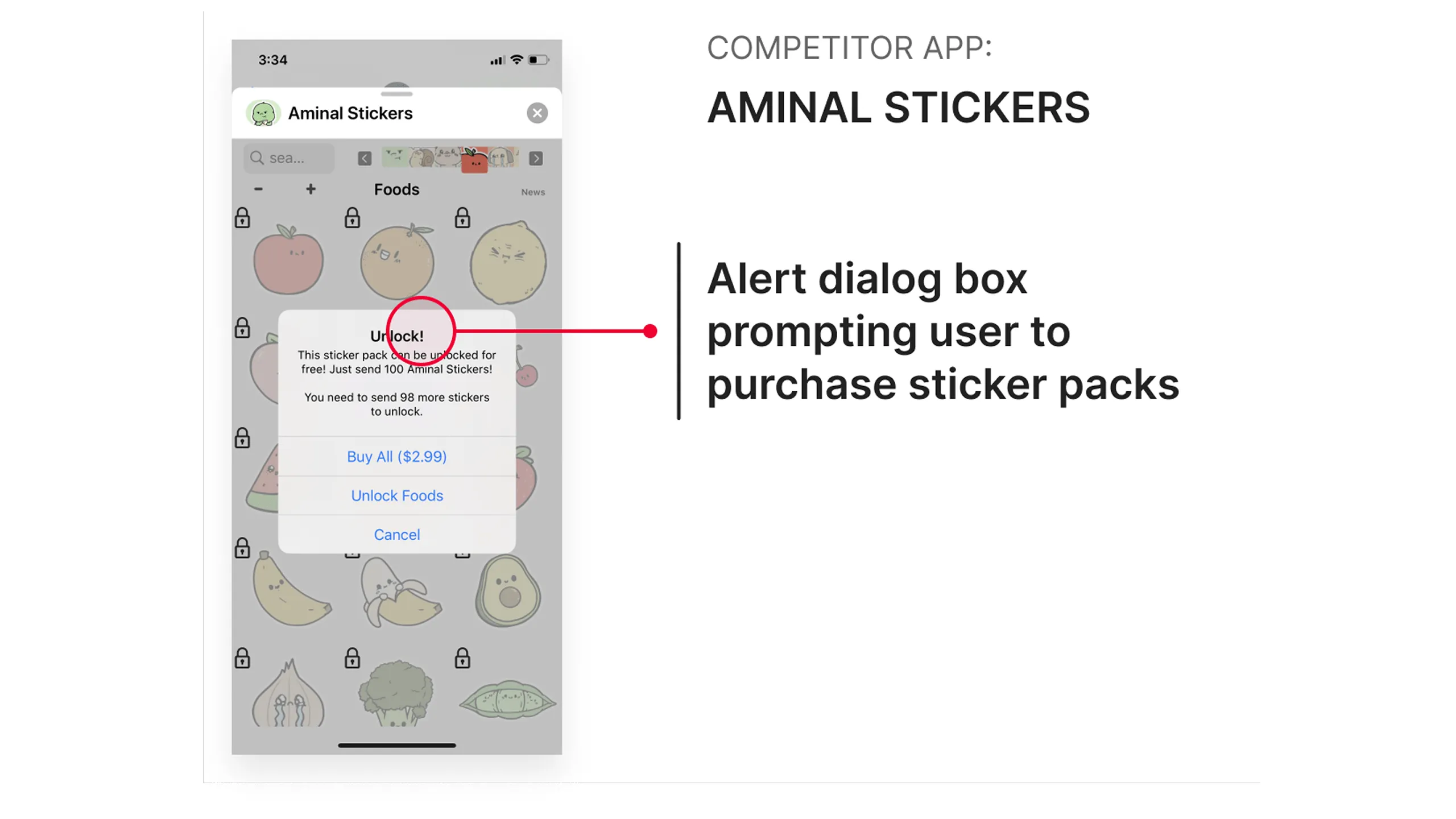 Screenshot of Aminal Stickers app showing an alert dialog prompting users to purchase sticker packs.