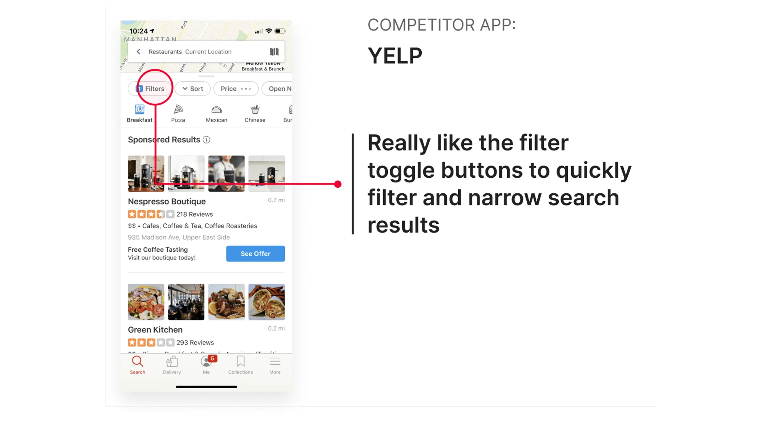 Screenshot of Yelp app showing filter toggle buttons to refine results.