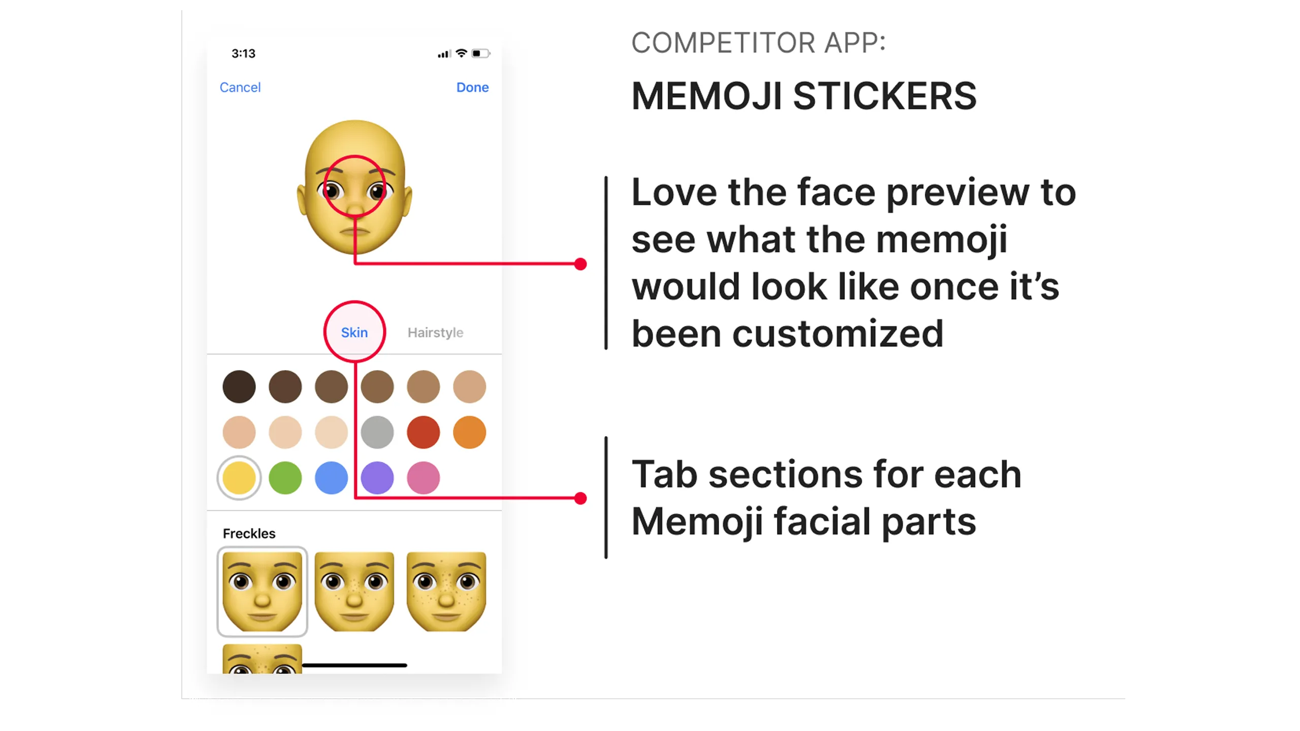 Screenshot of Memoji Stickers app showing a live face preview while customizing.