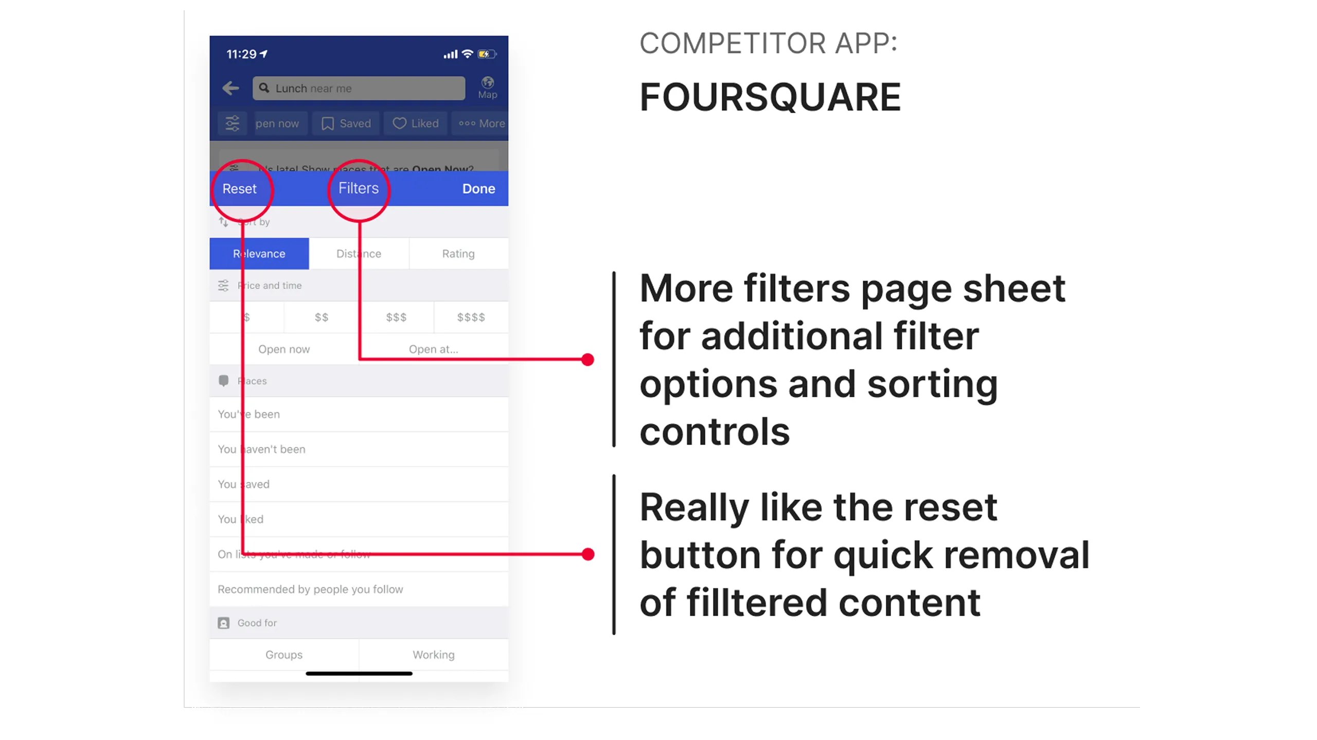 Screenshot of Foursquare app with a modal filter sheet and reset button.