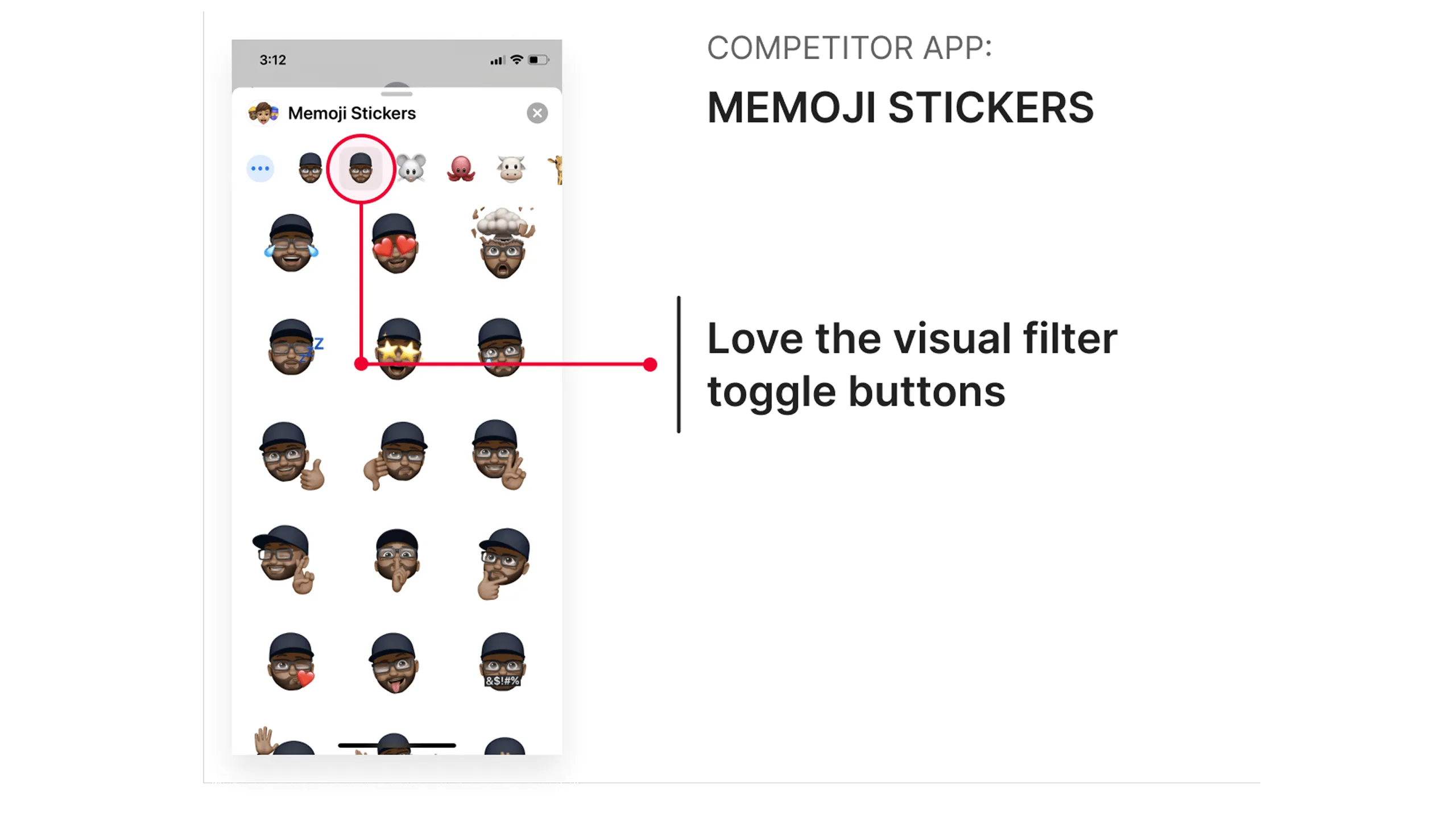 Screenshot of Memoji Stickers app using visual icons instead of plain text for filters.