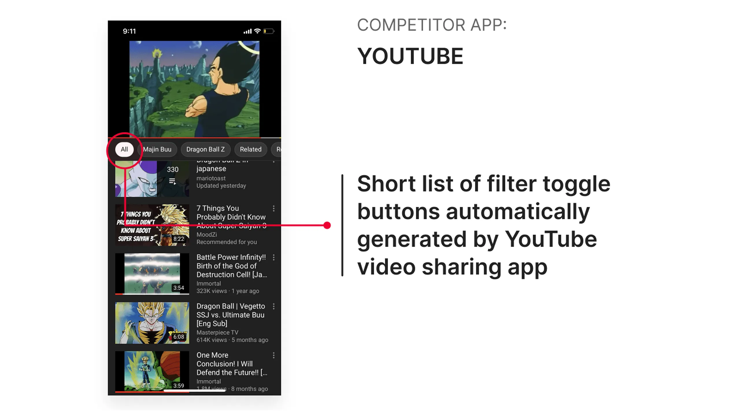 Screenshot of YouTube app showing automatically generated short filter options.