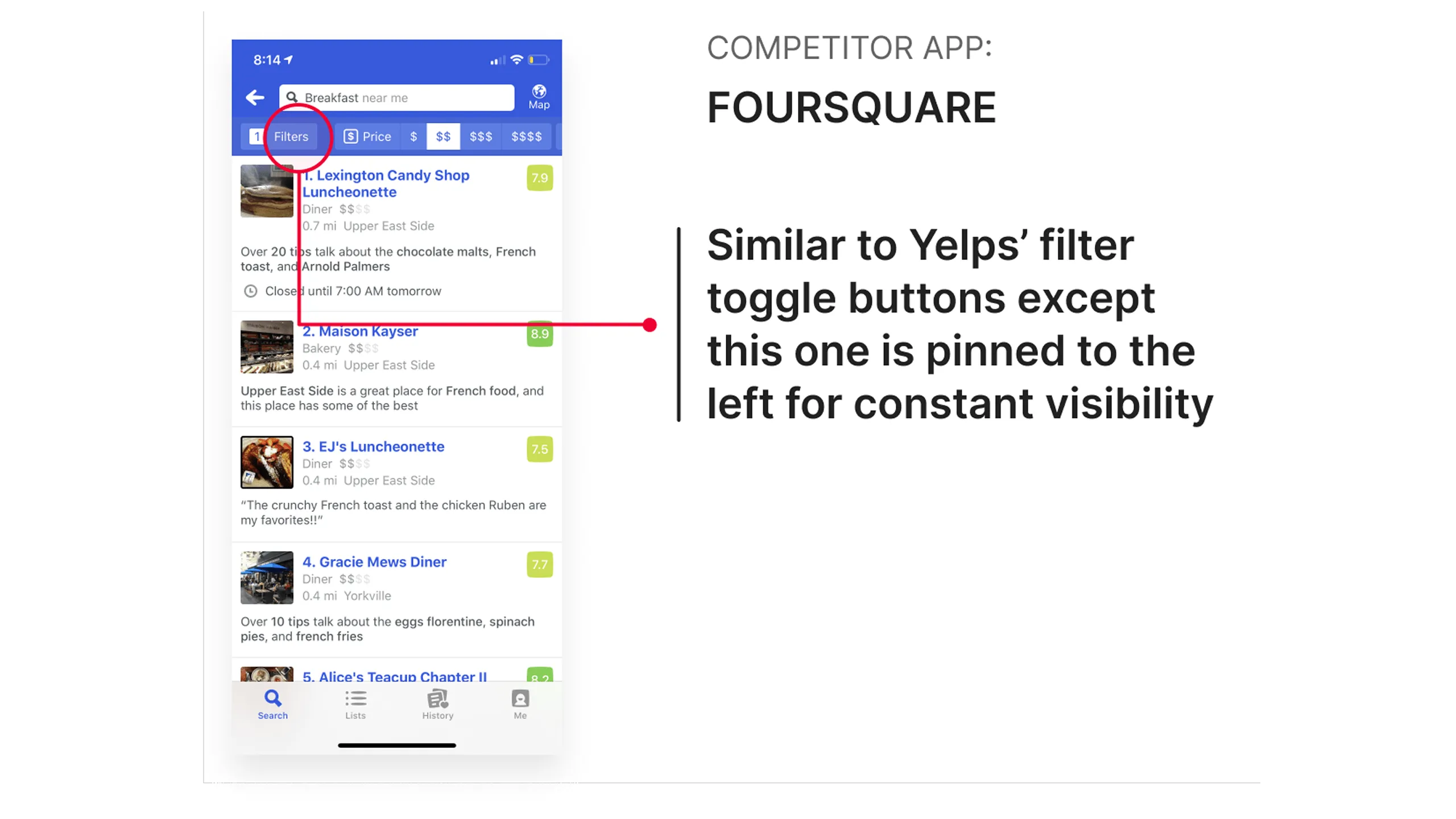 Screenshot of Foursquare app showing a pinned master filter toggle on the left side.
