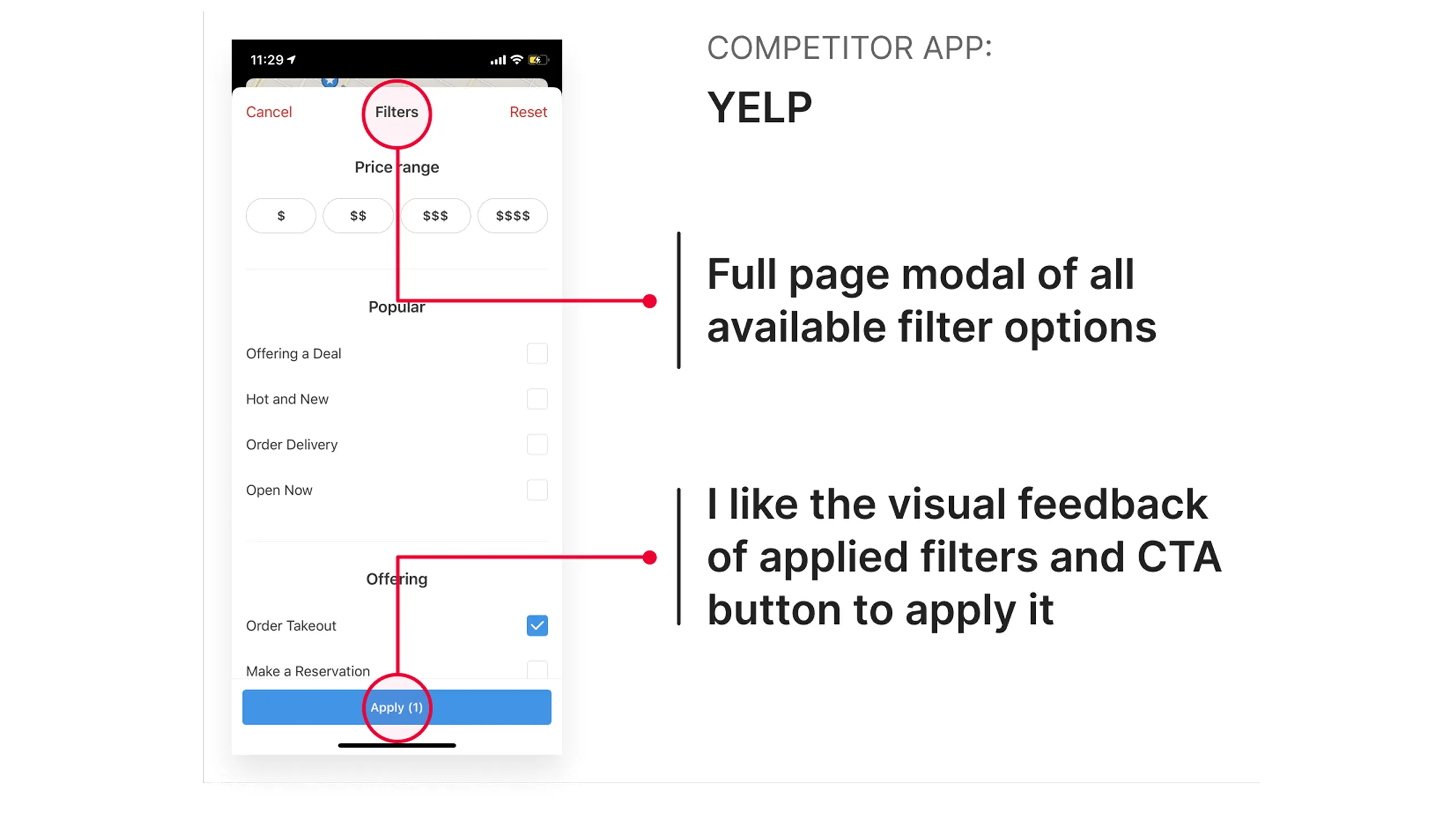 Screenshot of Yelp app showing a full modal of filters, with applied state feedback and CTA.