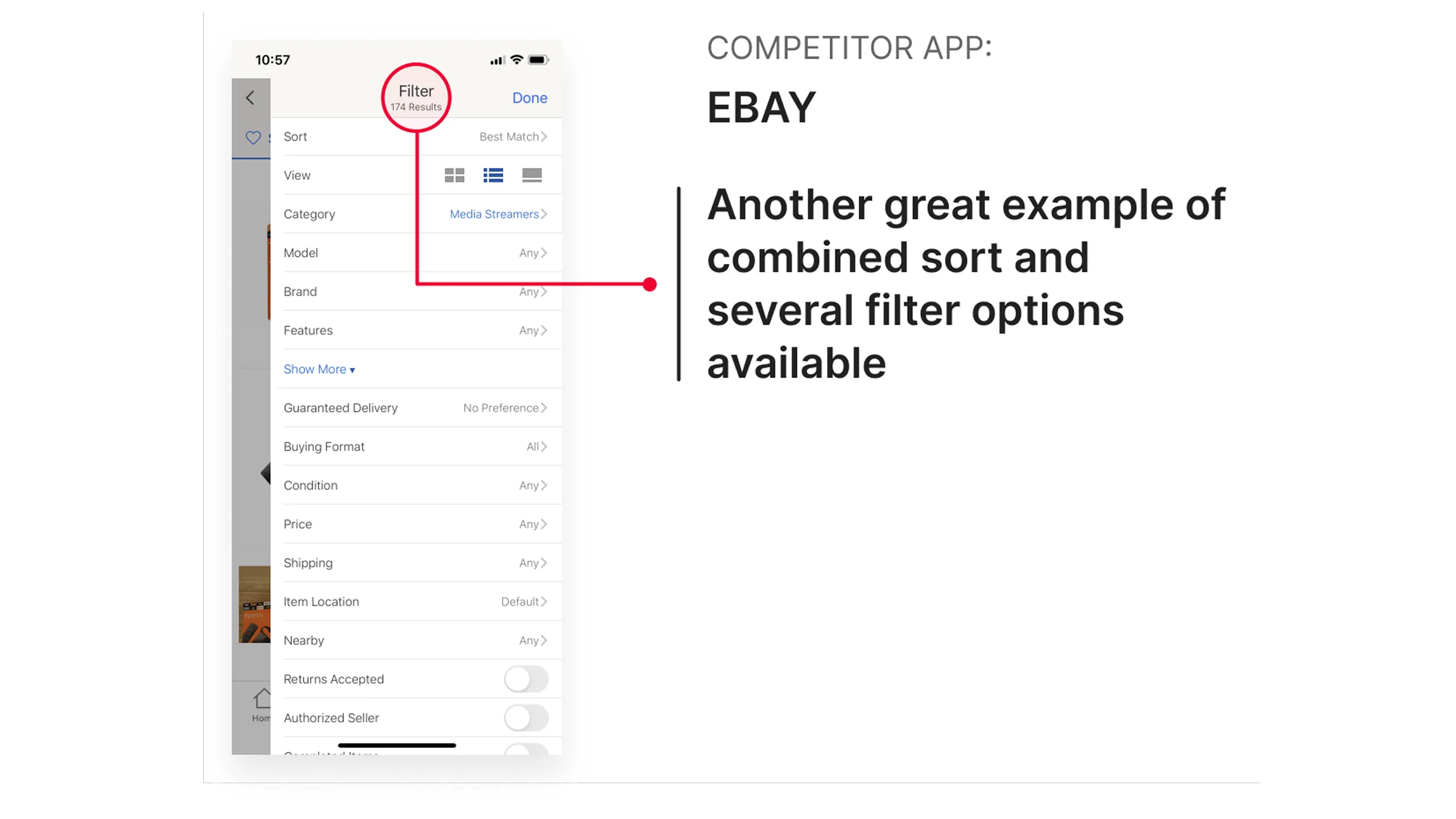 Screenshot of Ebay app showing sort and filter options in one interface.