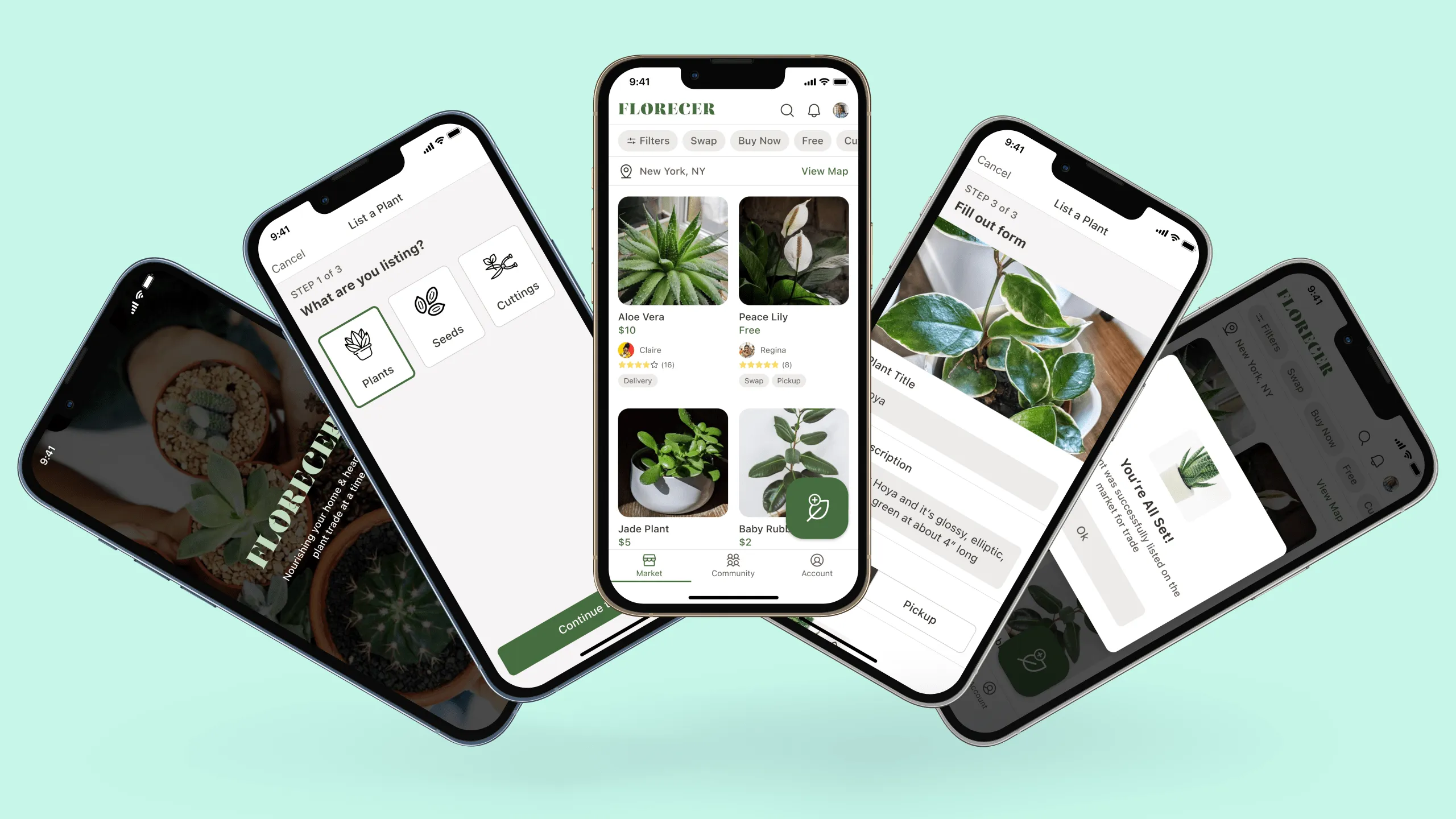 Florecer app mockup screens displayed in a floral-inspired angled layout with device frames.