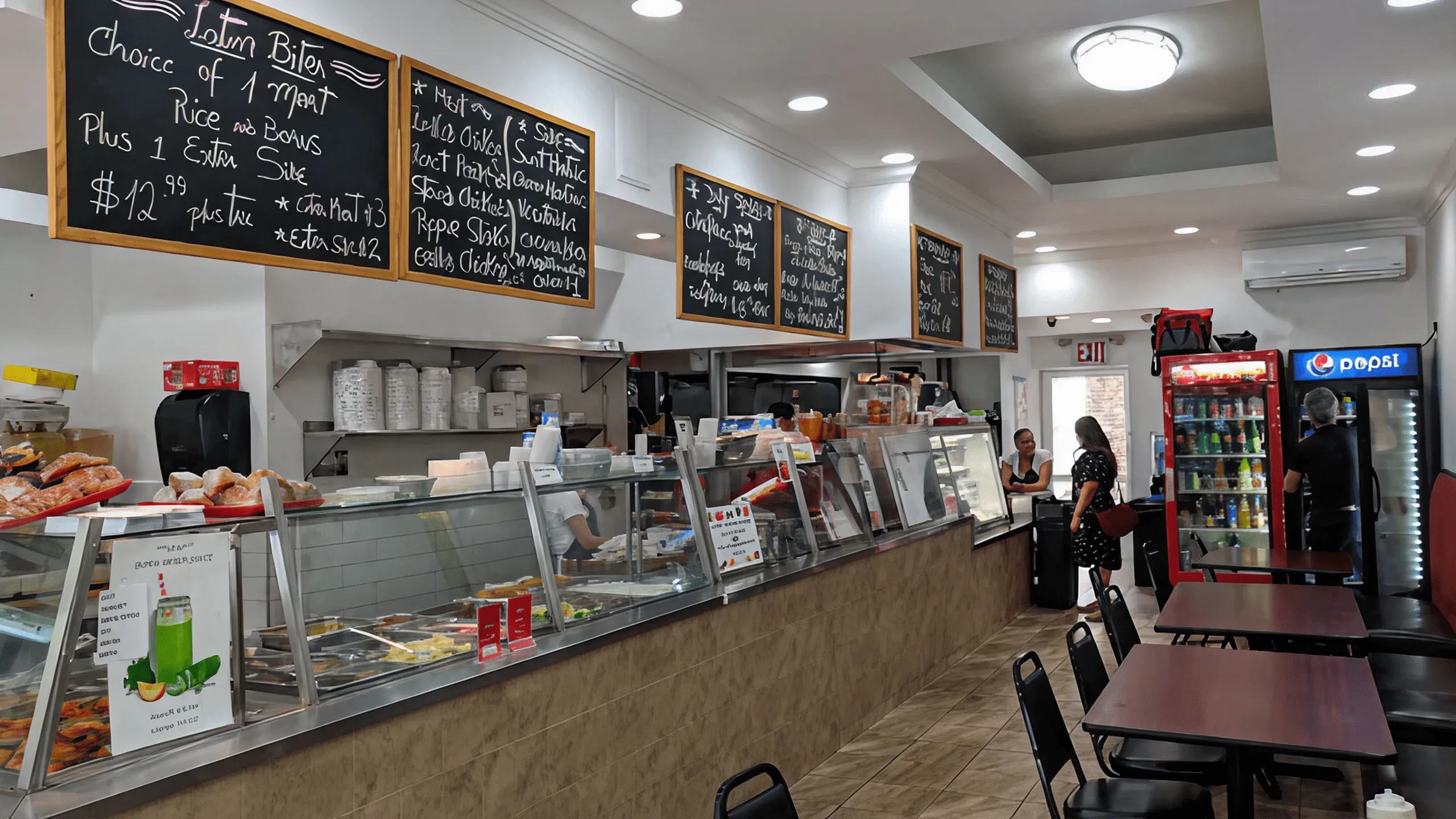 Screenshot of Latin Bites interior showing counter, menu, and tables.