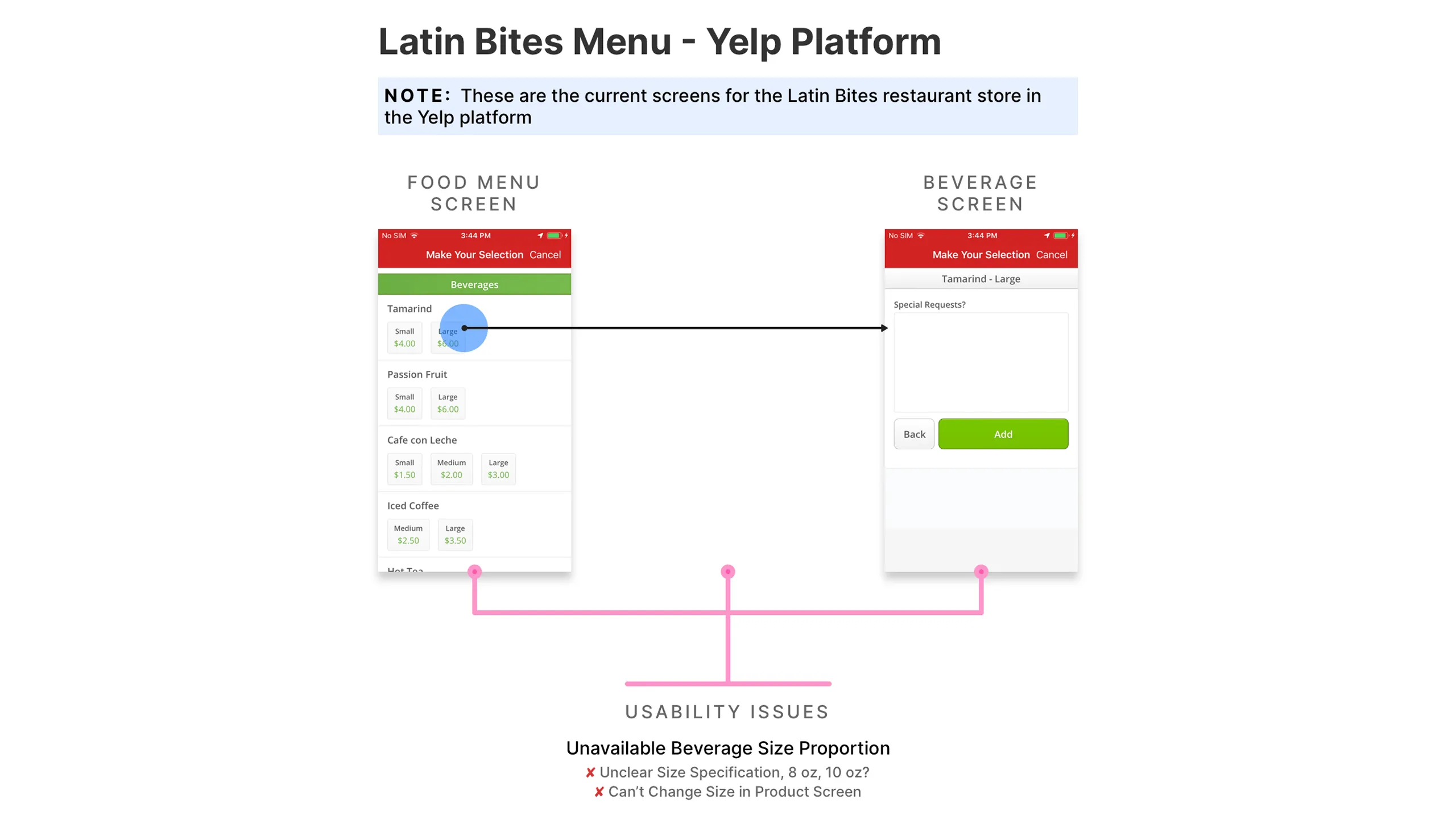 Screenshot of two Yelp app screens showing beverage menu with no sizing options.