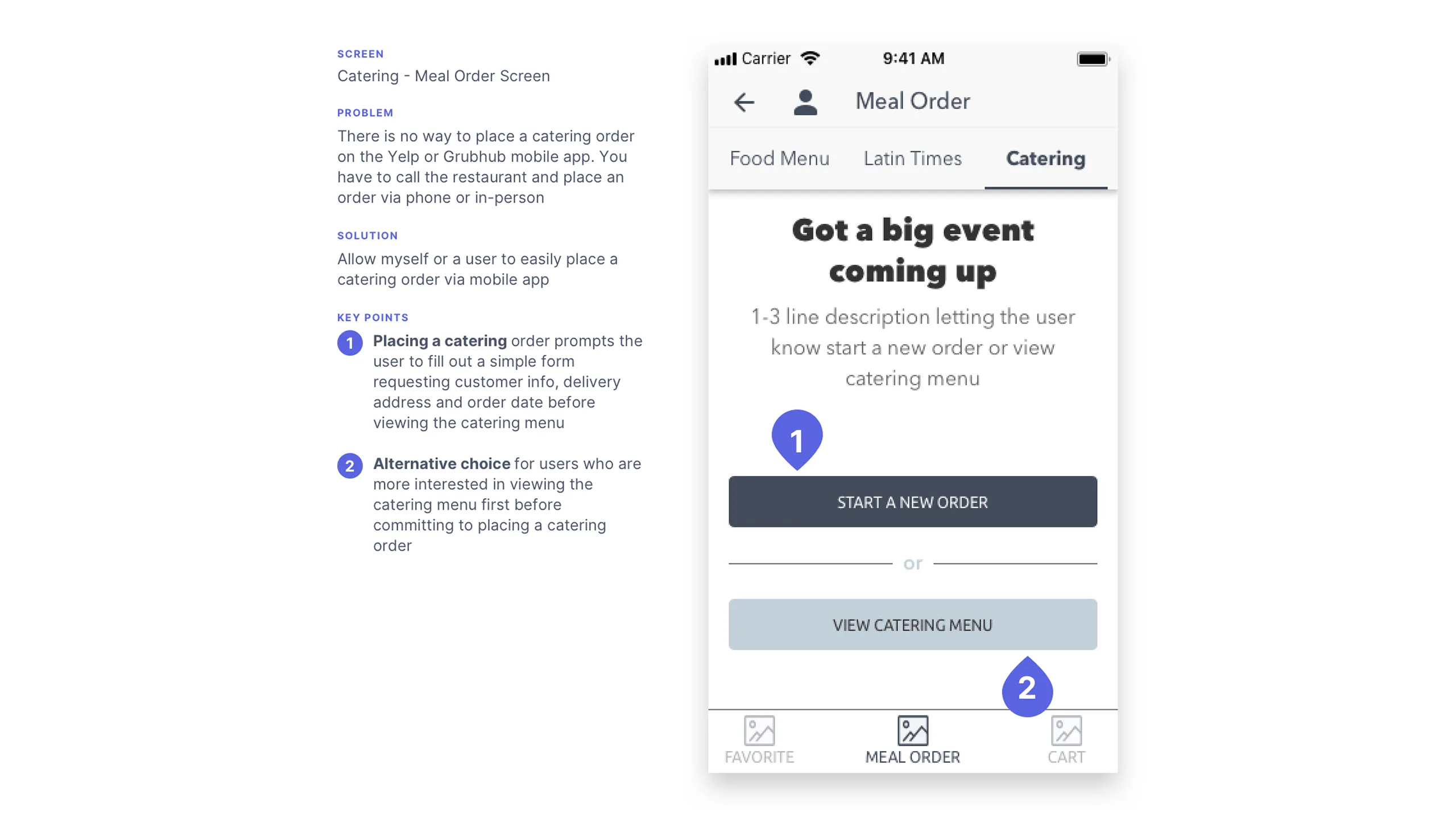 Screenshot of Latin Bites catering order wireframe with form and menu options.