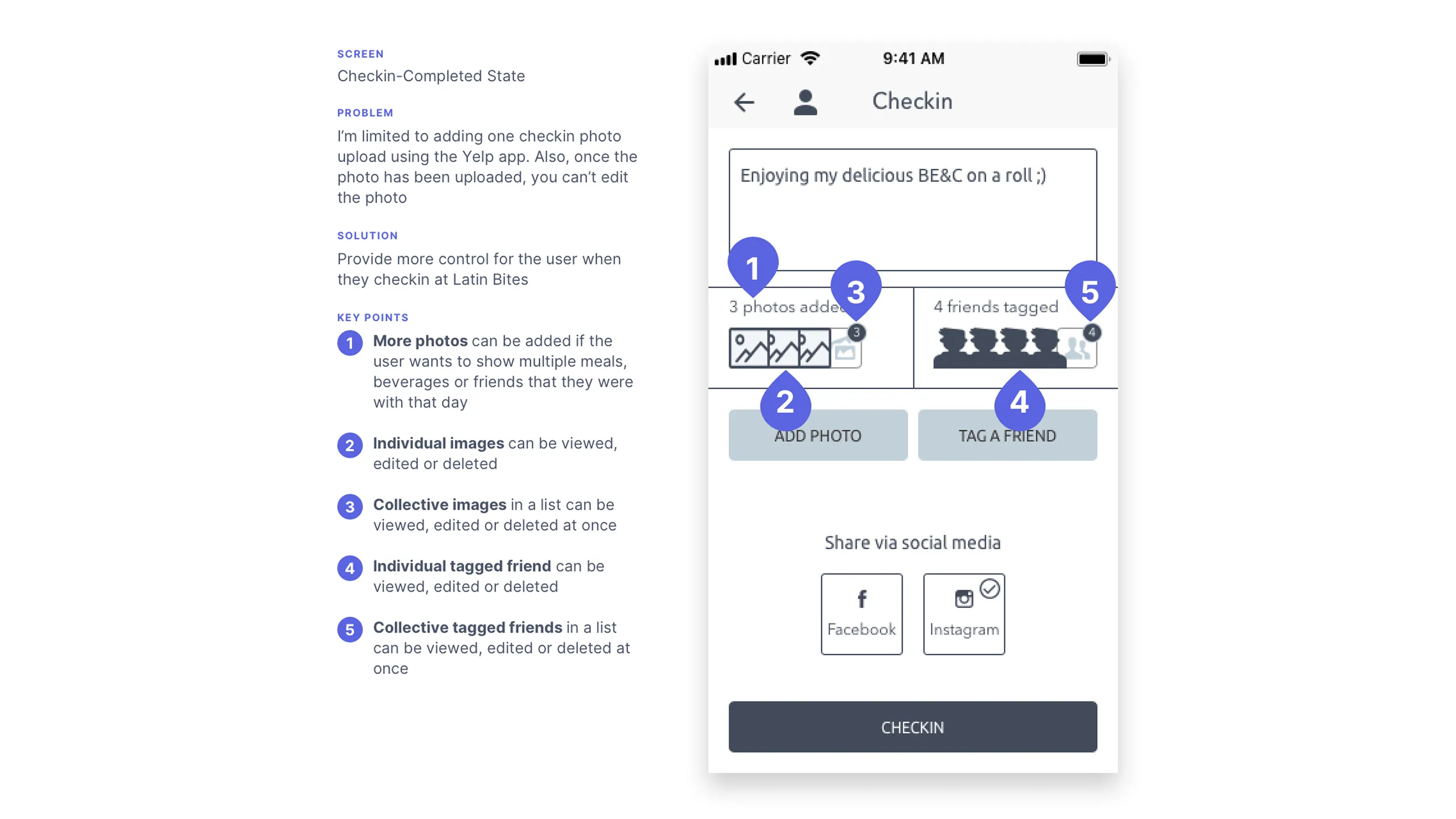 Screenshot of Latin Bites check-in wireframe with multi-photo and tagging features.