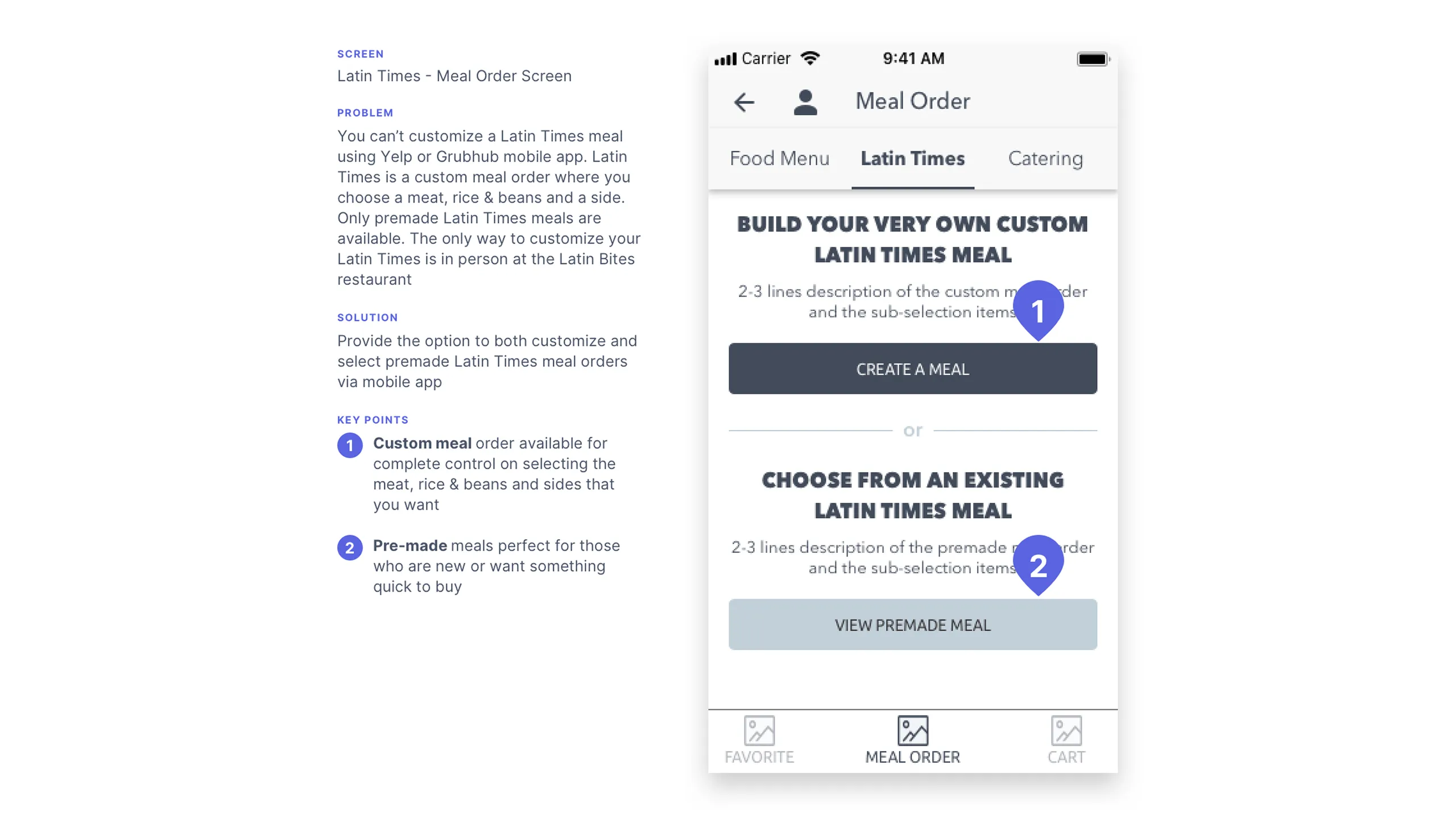 Screenshot of Latin Times meal order wireframe with full custom and premade options.