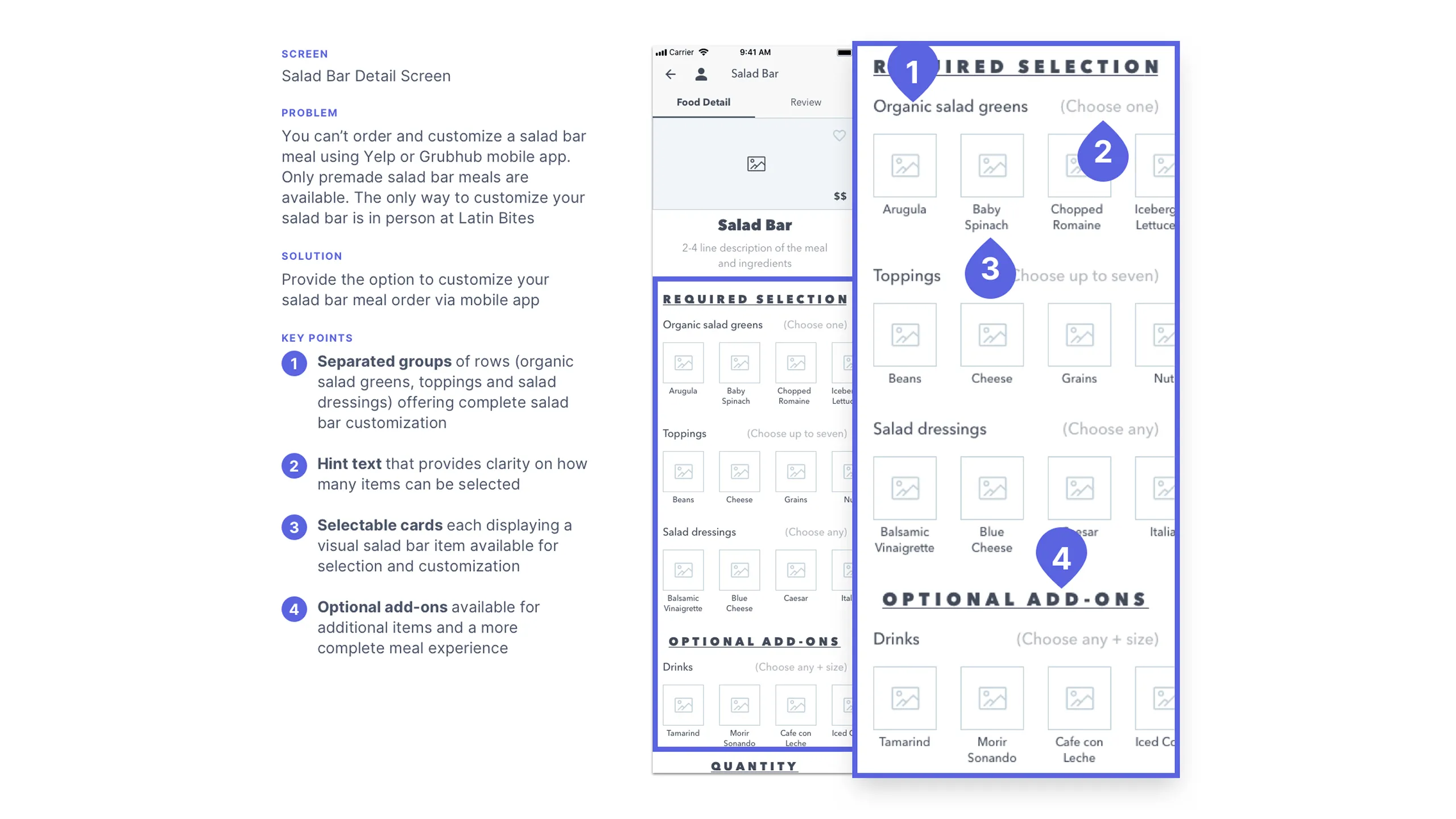 Screenshot of Salad Bar detail wireframe with card selection and add-on options.