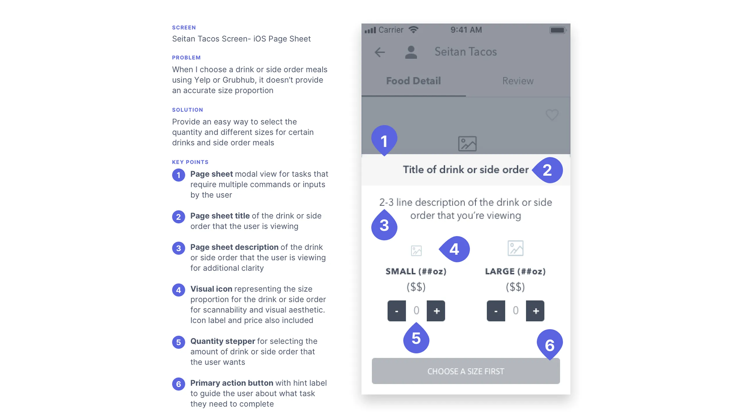 Screenshot of Seitan Tacos product detail wireframe with action sheet and quantity selectors.