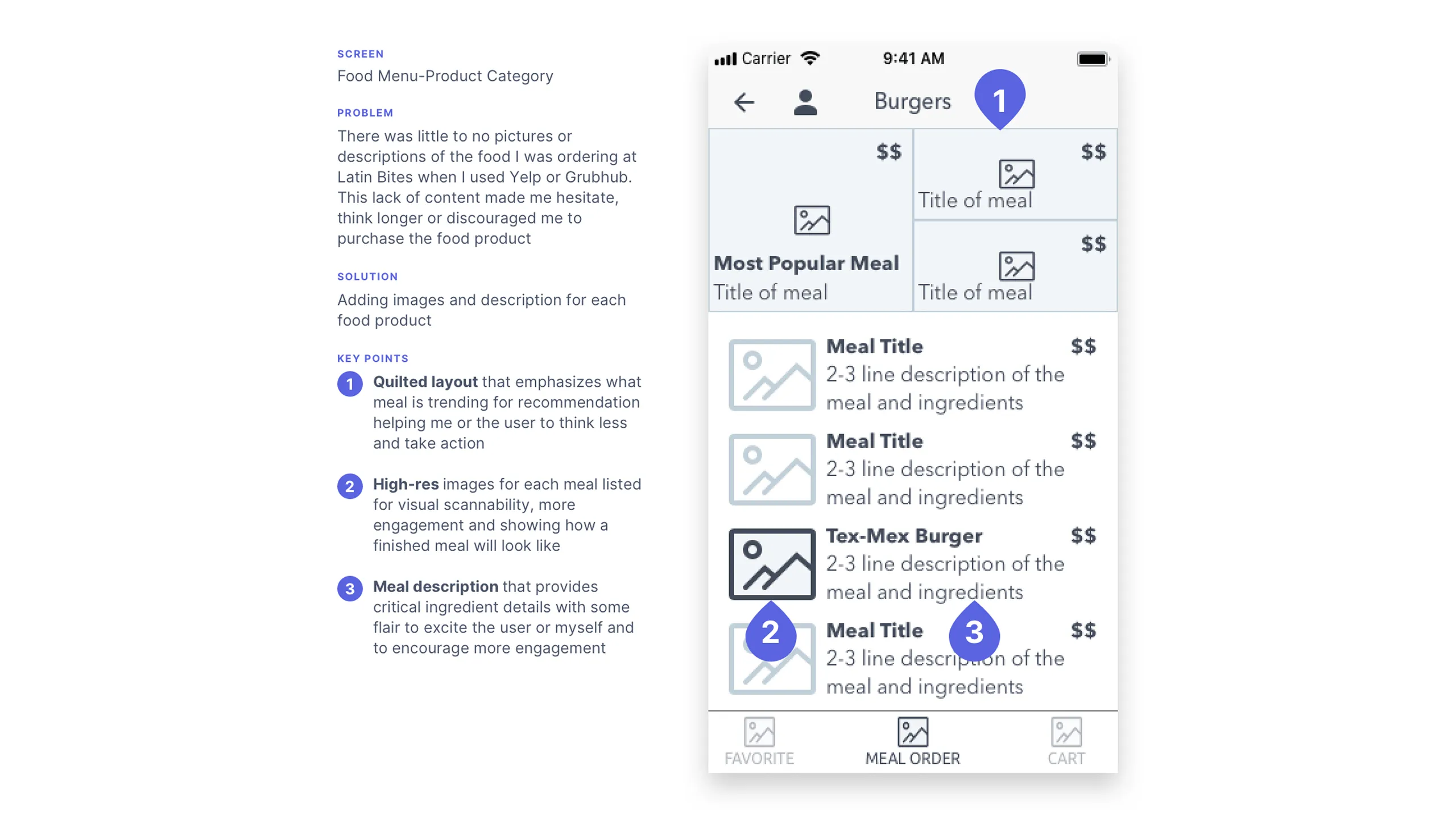 Screenshot of Latin Bites food category wireframe with quilted image layout and meal descriptions.