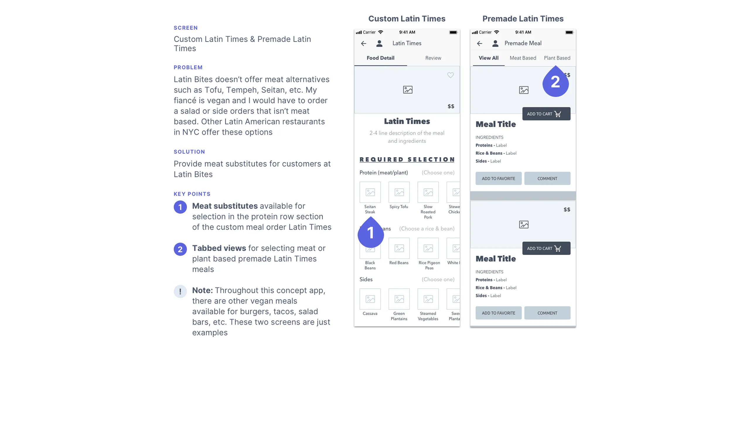 Screenshot of Latin Times meal options wireframe with tabs for vegan and meat dishes.