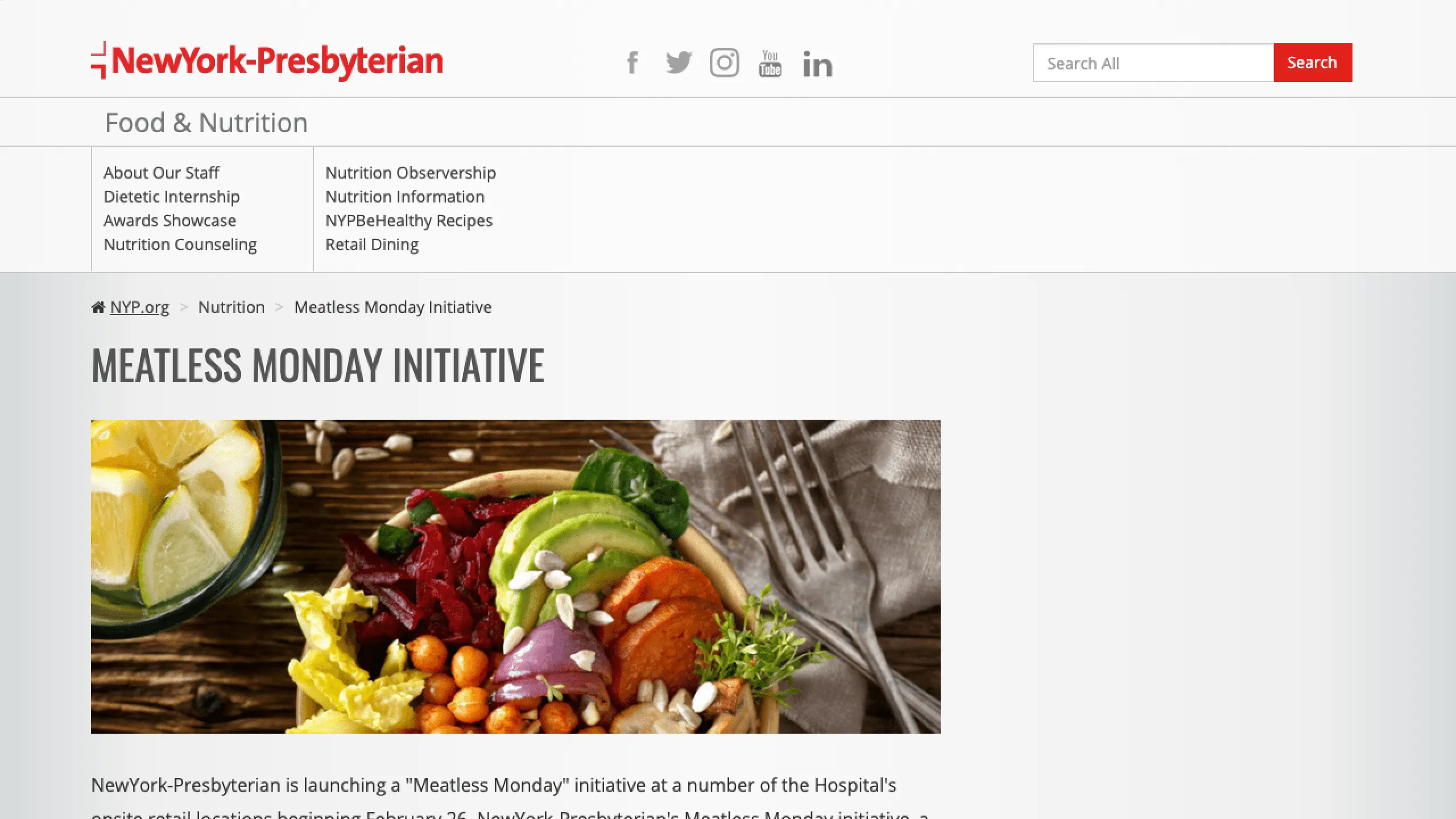 Screenshot of NYP blog page featuring the Meatless Monday Initiative article.
