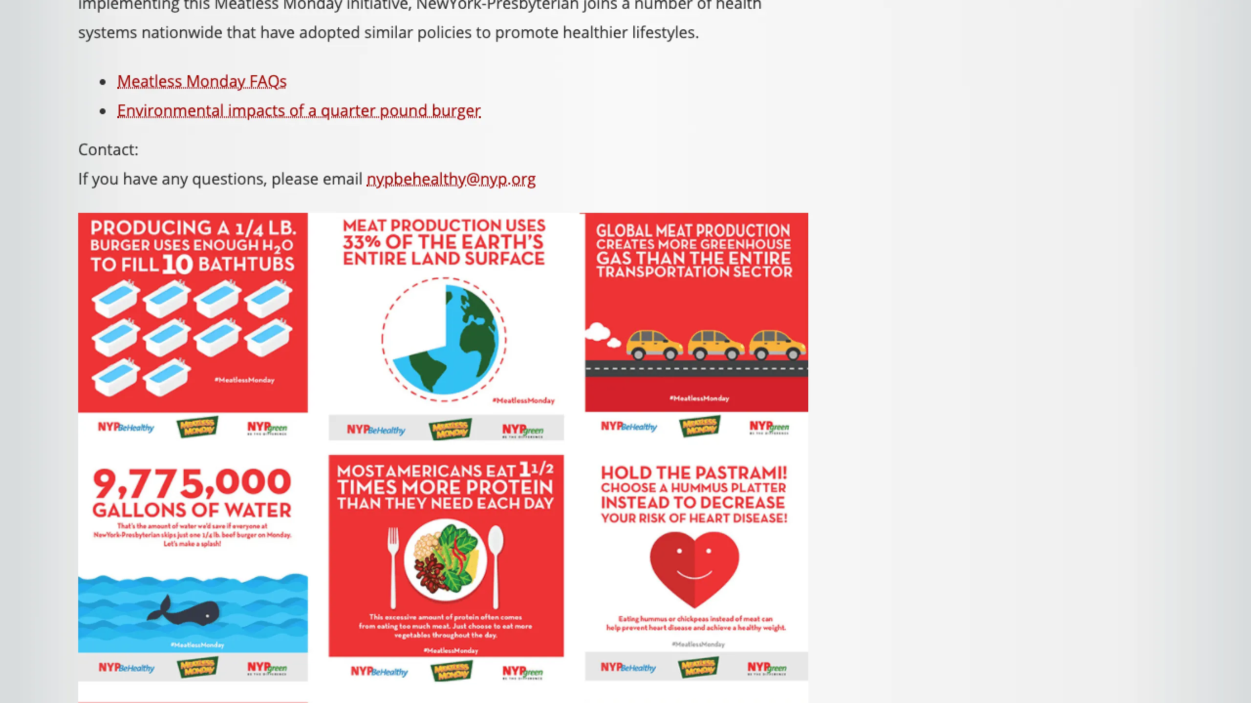 Screenshot of NYP Meatless Monday blog showing data visuals on benefits of eating less meat.