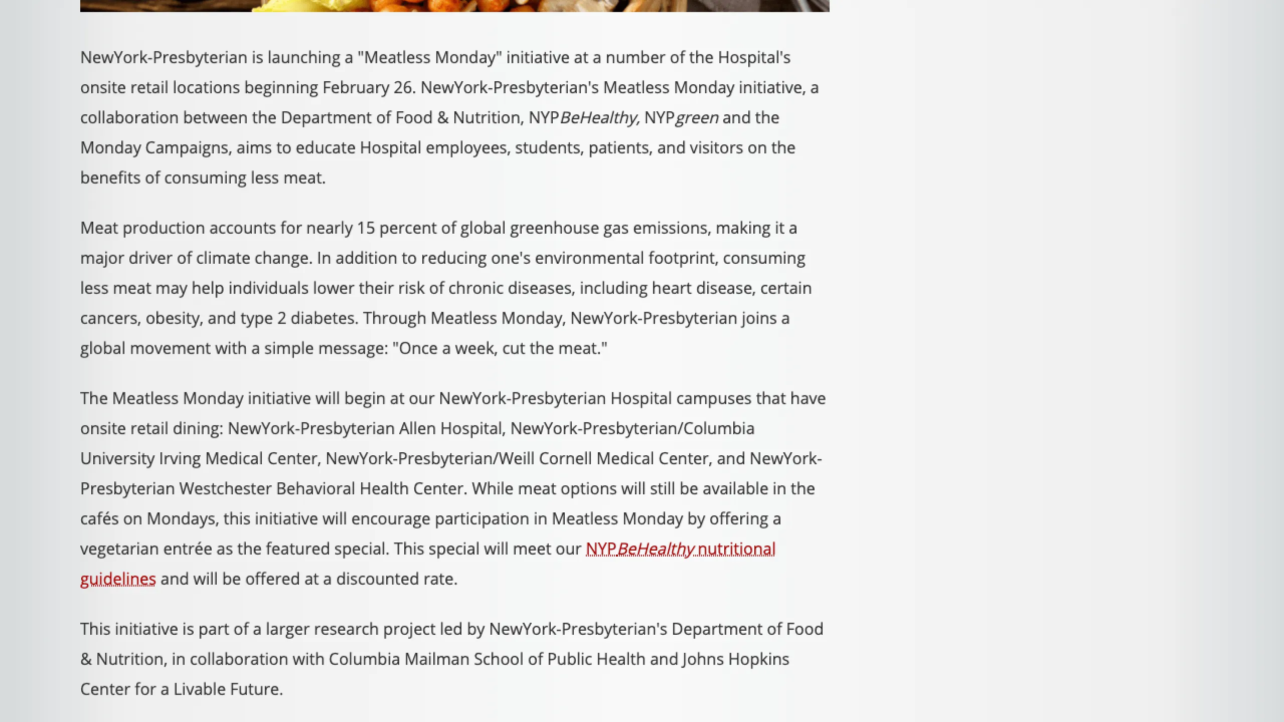 Another screenshot of the NYP Meatless Monday blog article on food & nutrition.