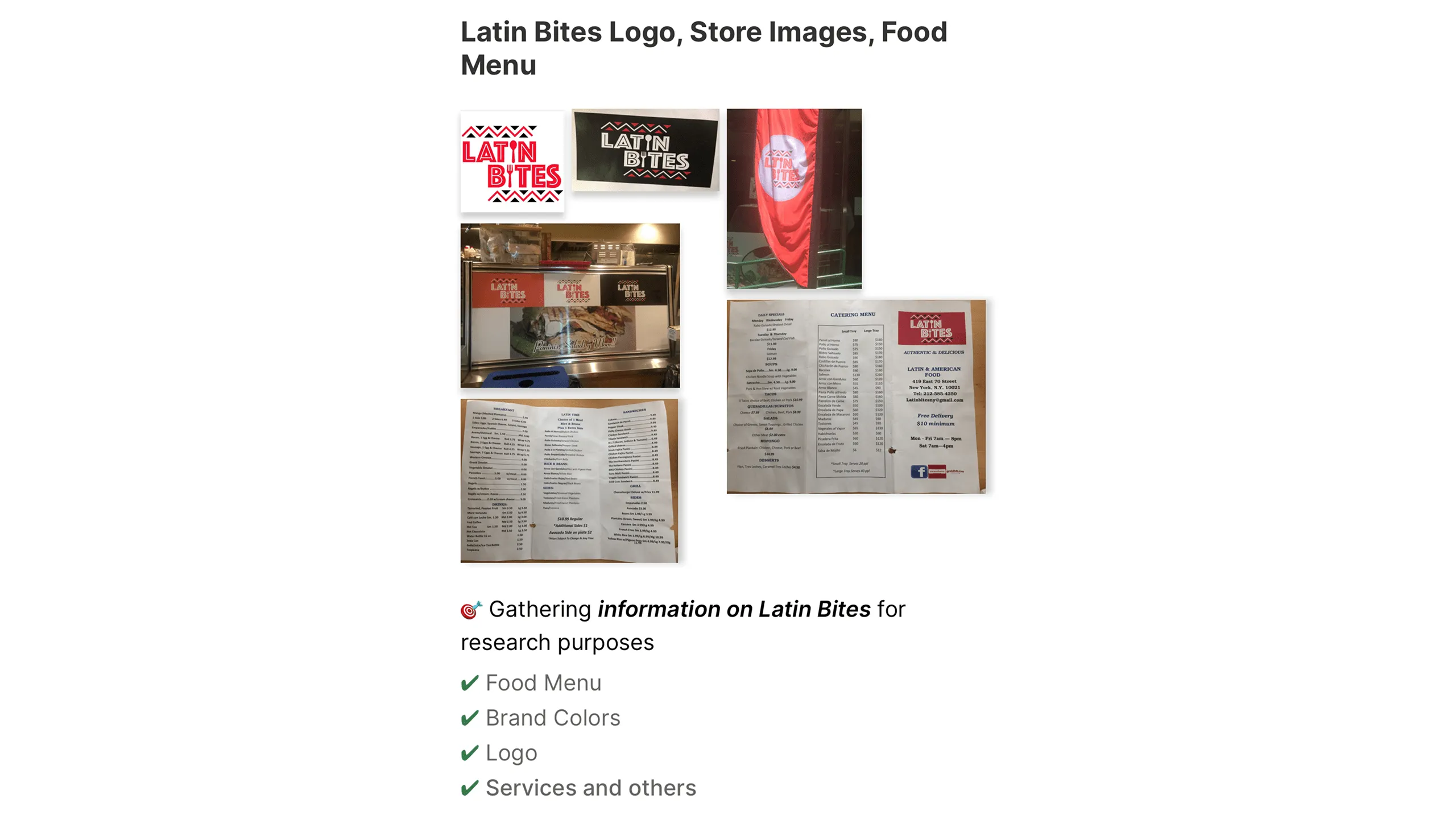 Screenshot of Latin Bites logo in various formats including banners, menu, and store signage.