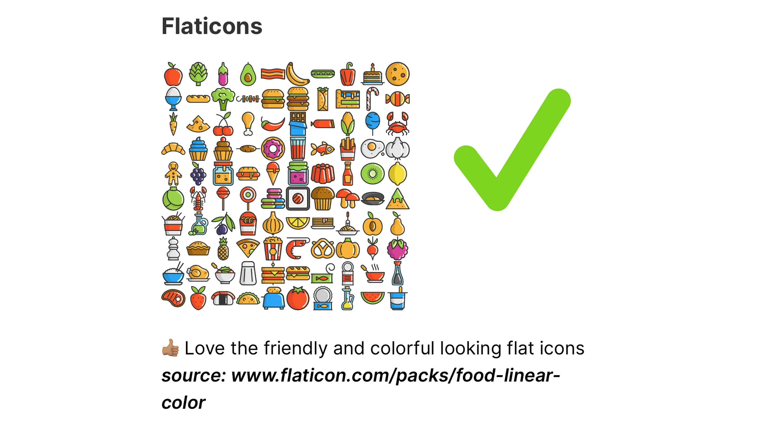 Screenshot of colorful food icons in linear-color style from Flaticon.