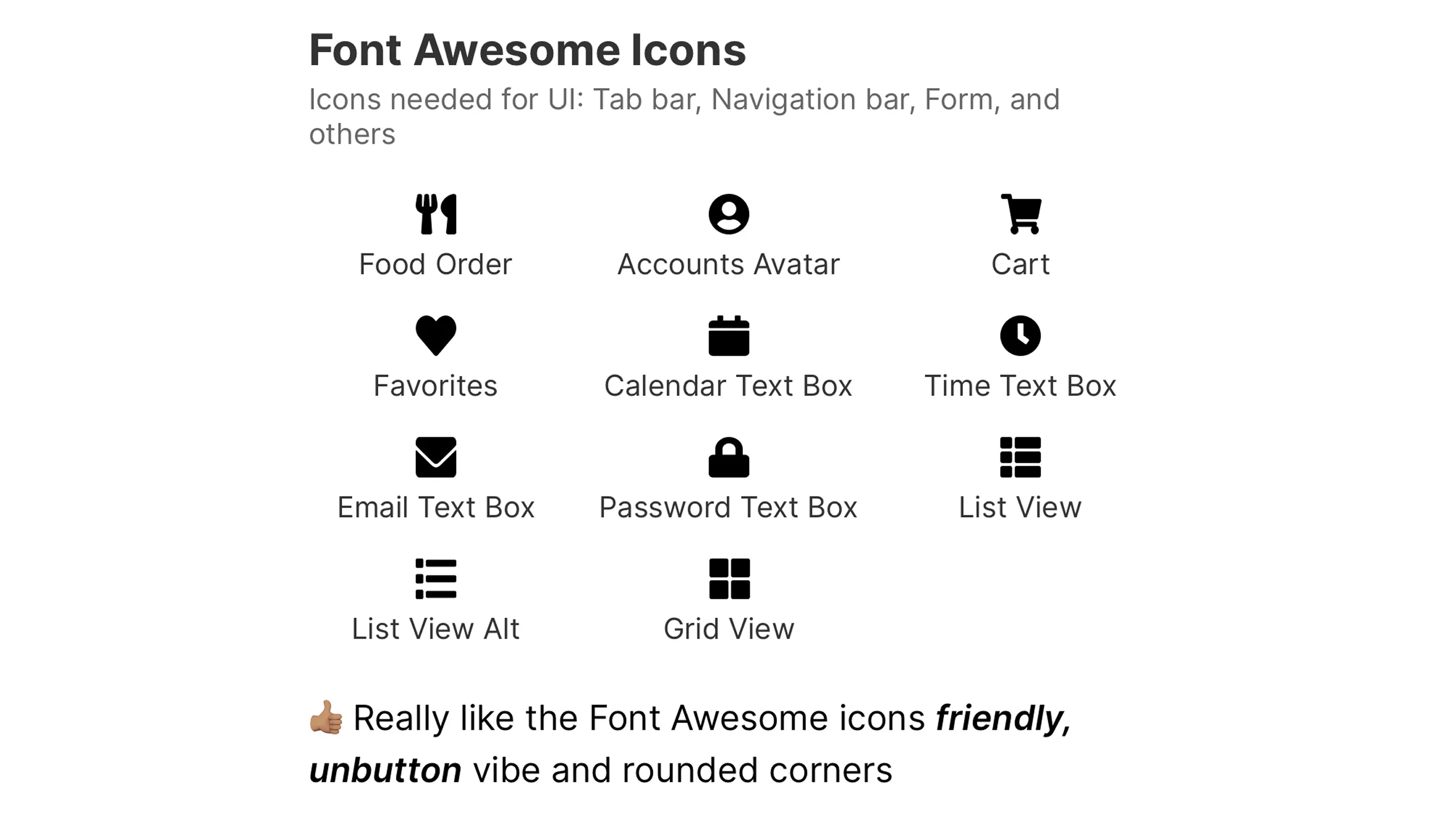 Screenshot of Font Awesome icons for UI elements.