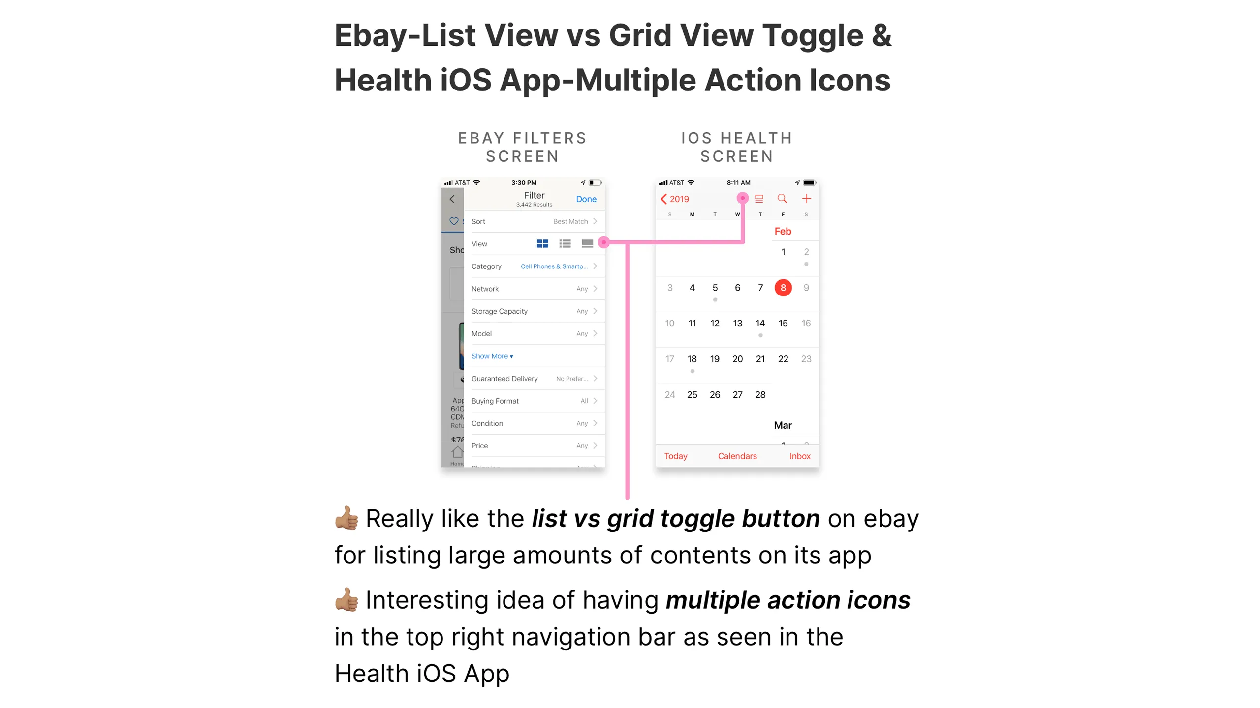 Screenshot of eBay filters screen and iOS Health app UI.
