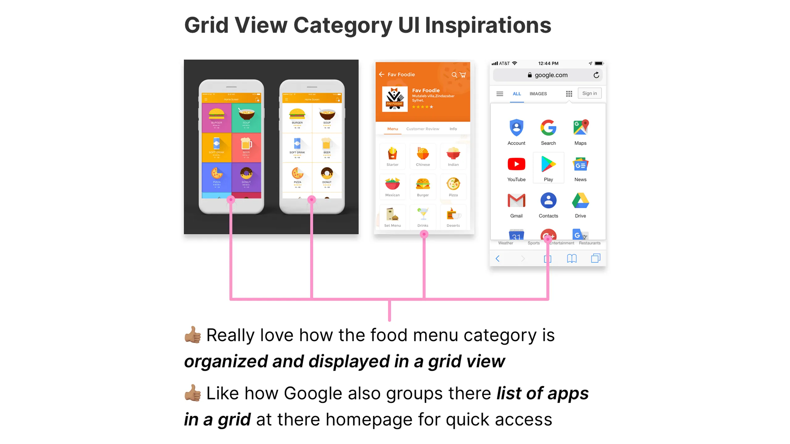 Screenshot of three UI screens with food menu grid layouts.